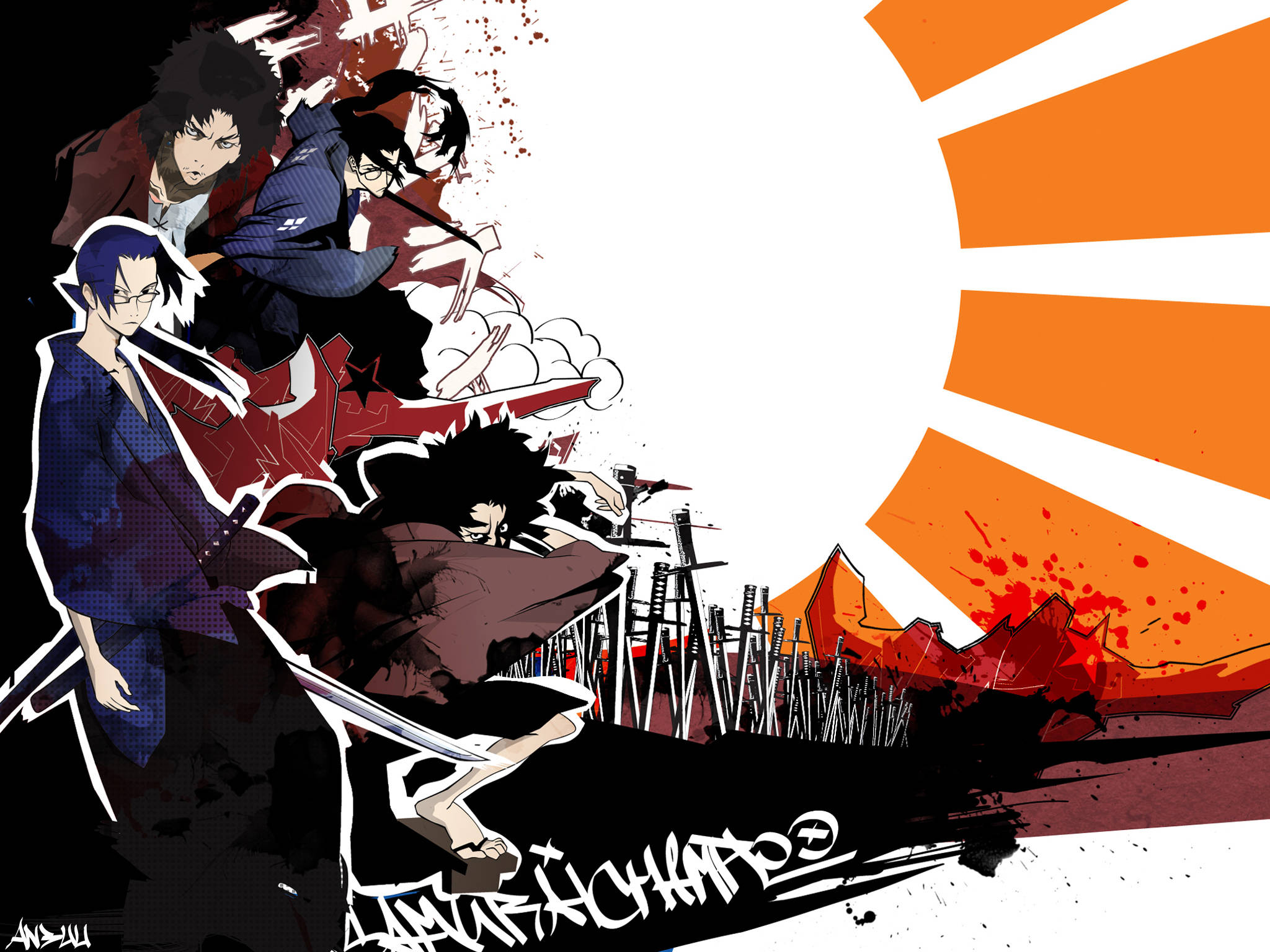 Anime Samurai, swords, orange sunburst, Full HD Desktop Wallpaper