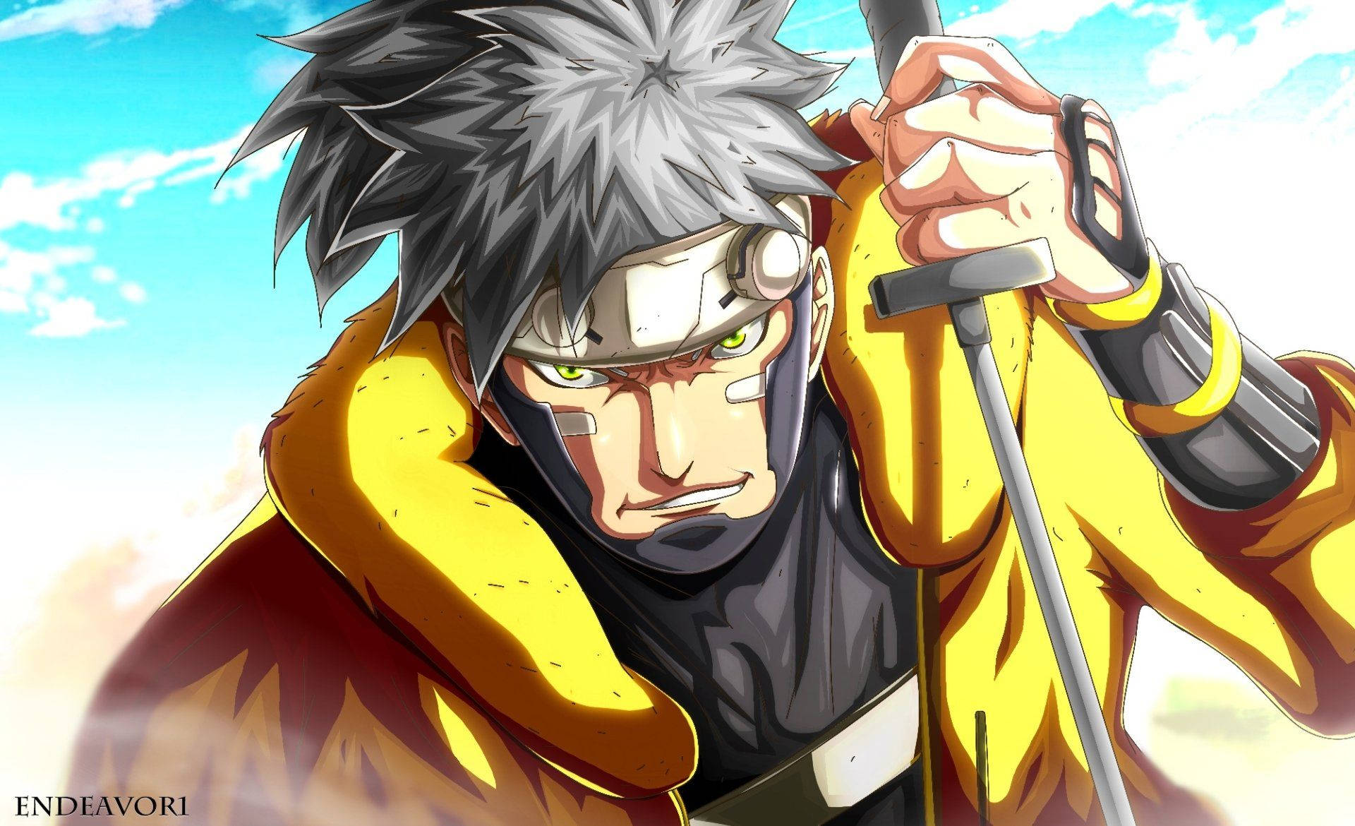 anime samurai, spiky gray hair, glowing green eyes, Full HD Desktop Wallpaper