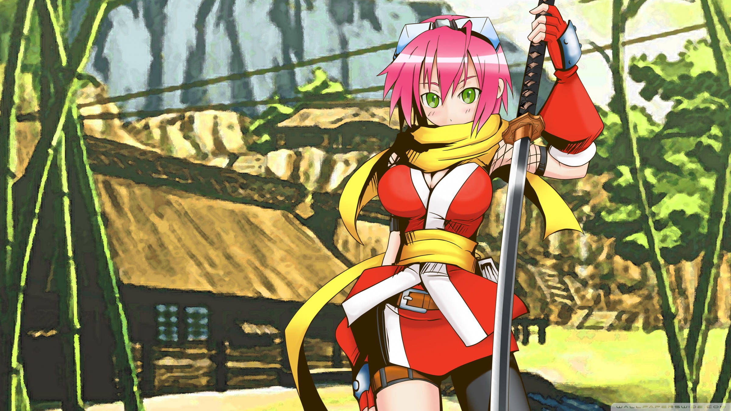 Anime Samurai Pink, pink-haired anime girl, red and white ninja attire, Full HD Desktop Wallpaper