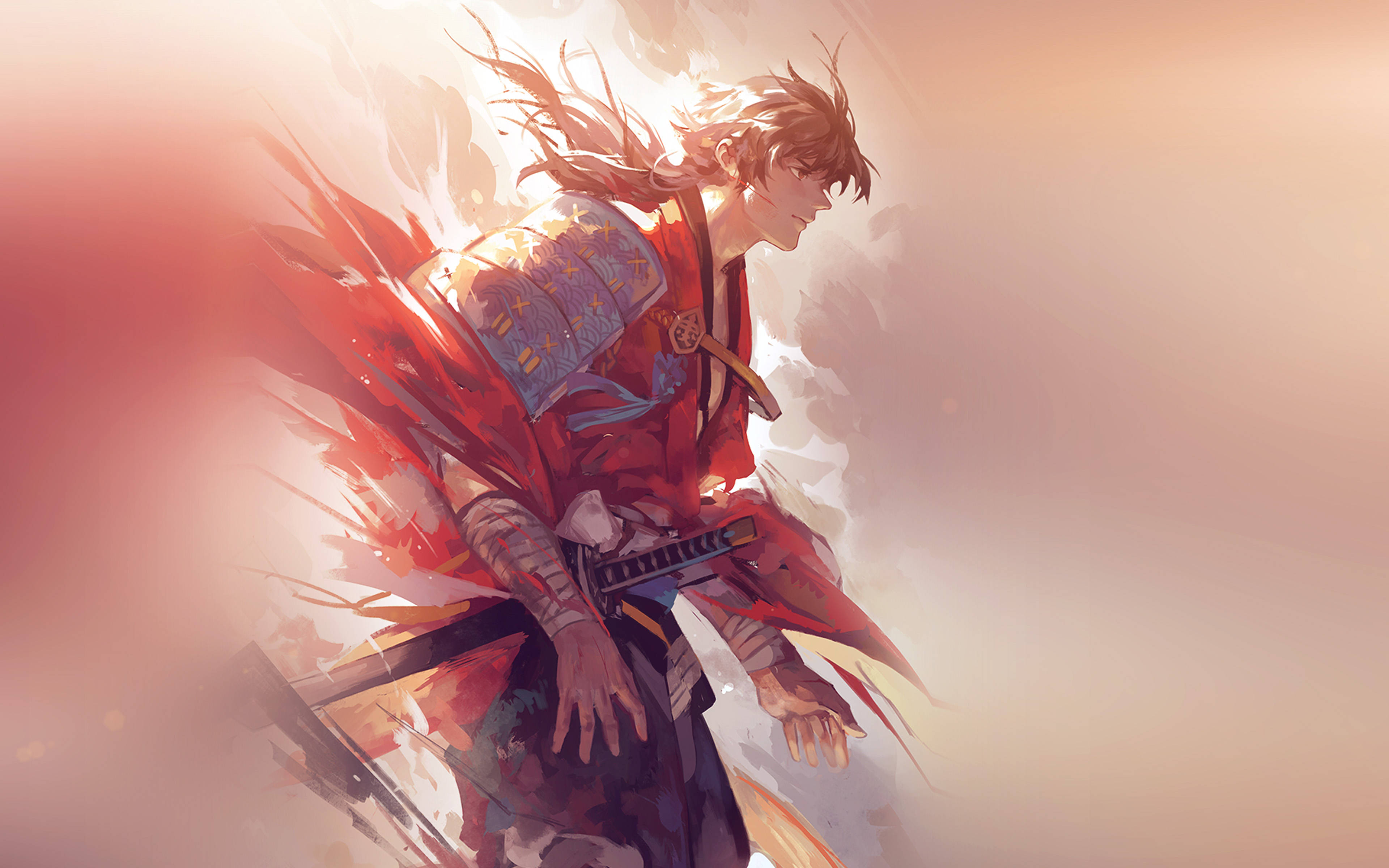 anime samurai, red armor, flowing hair, 4K Desktop Wallpaper