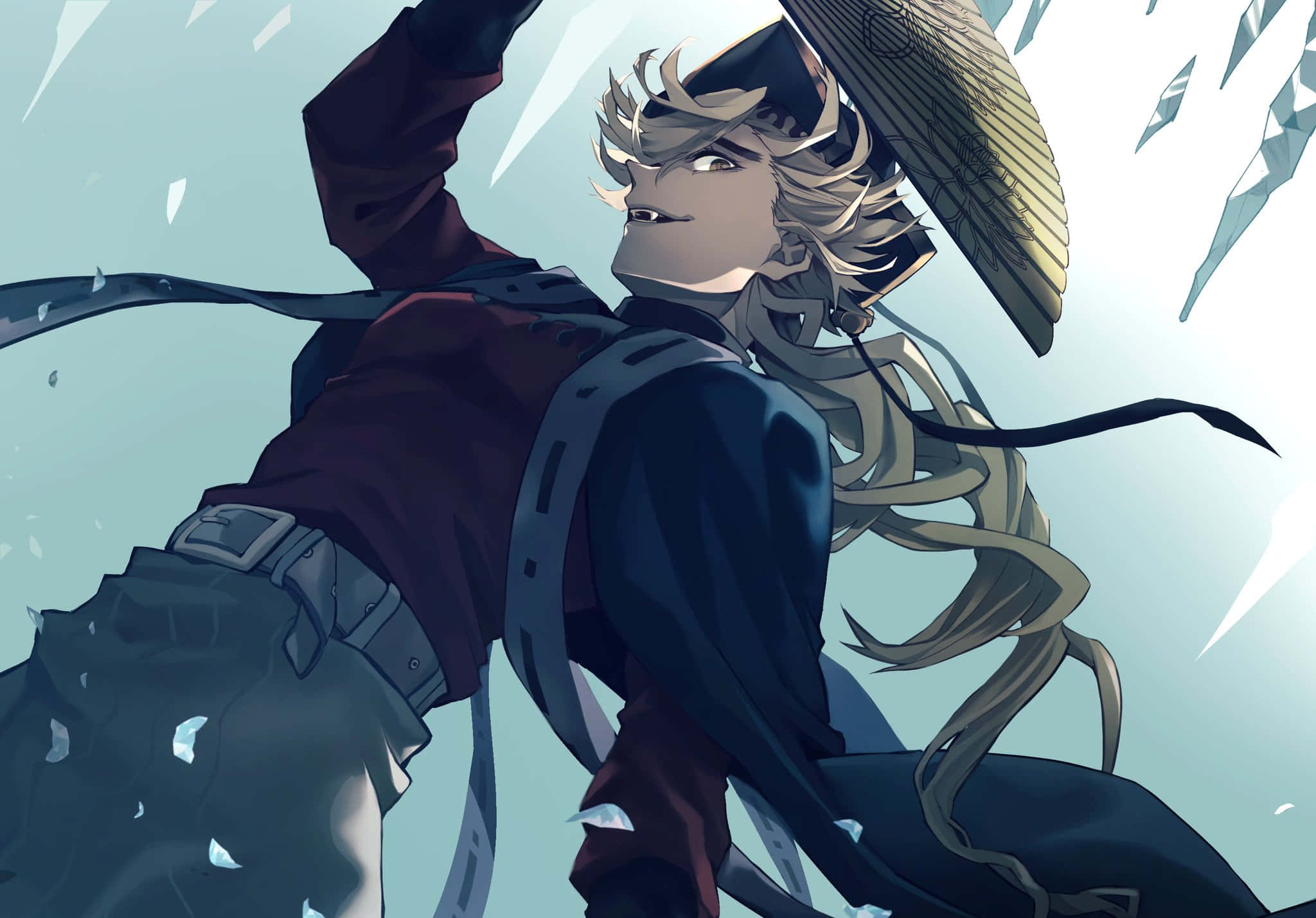 Anime Samurai, spiky blonde hair, wide-brimmed hat, Full HD Desktop Wallpaper