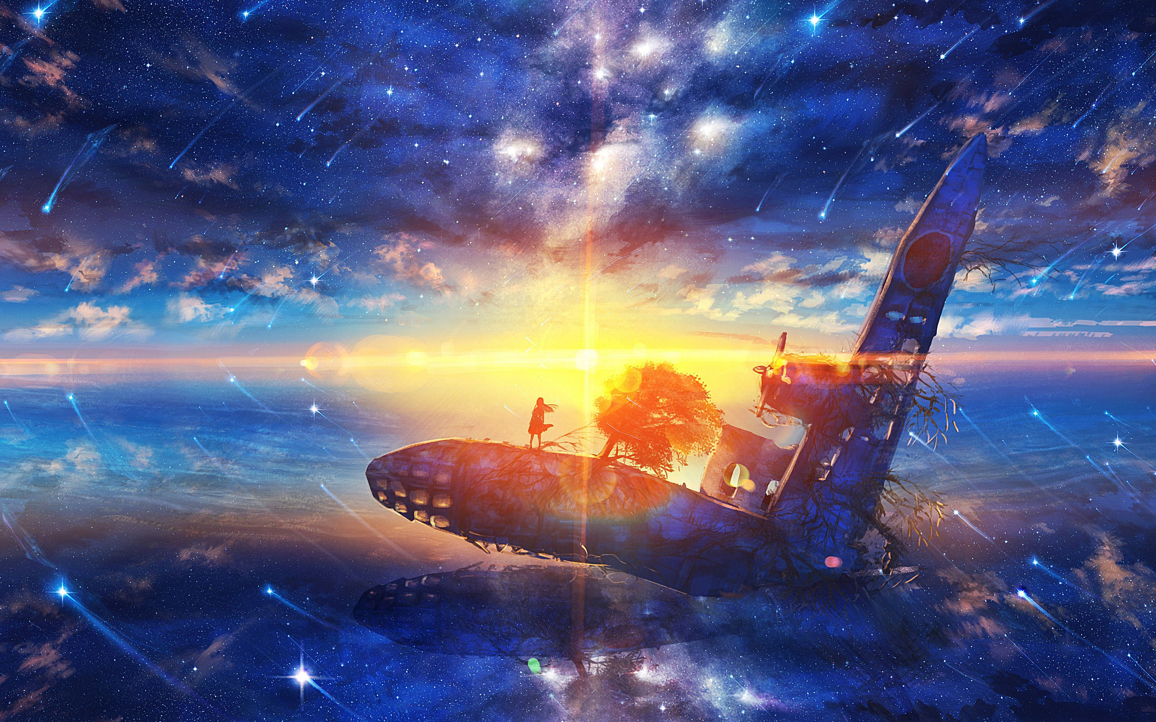 Anime Scenery 4K, airplane, starry cosmic sky, 4K Desktop Wallpaper