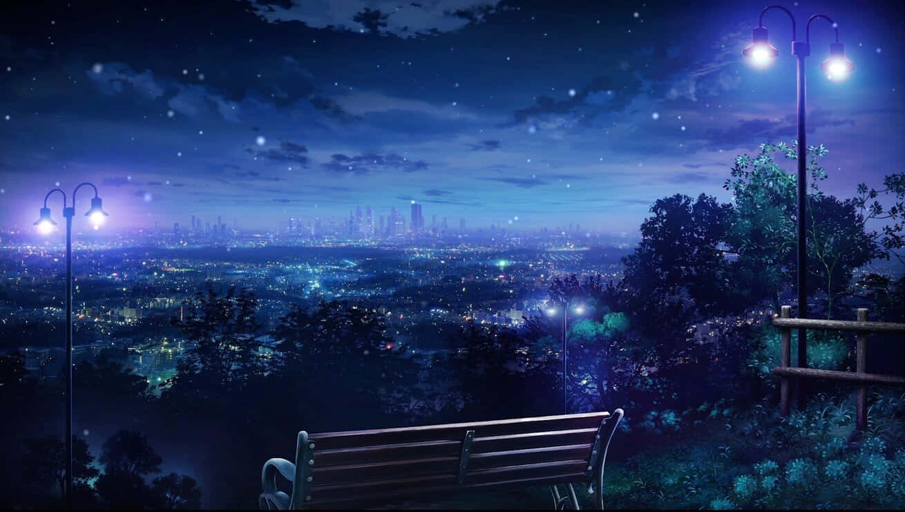 wooden bench, glowing cityscape, starry night sky, HD Desktop Wallpaper