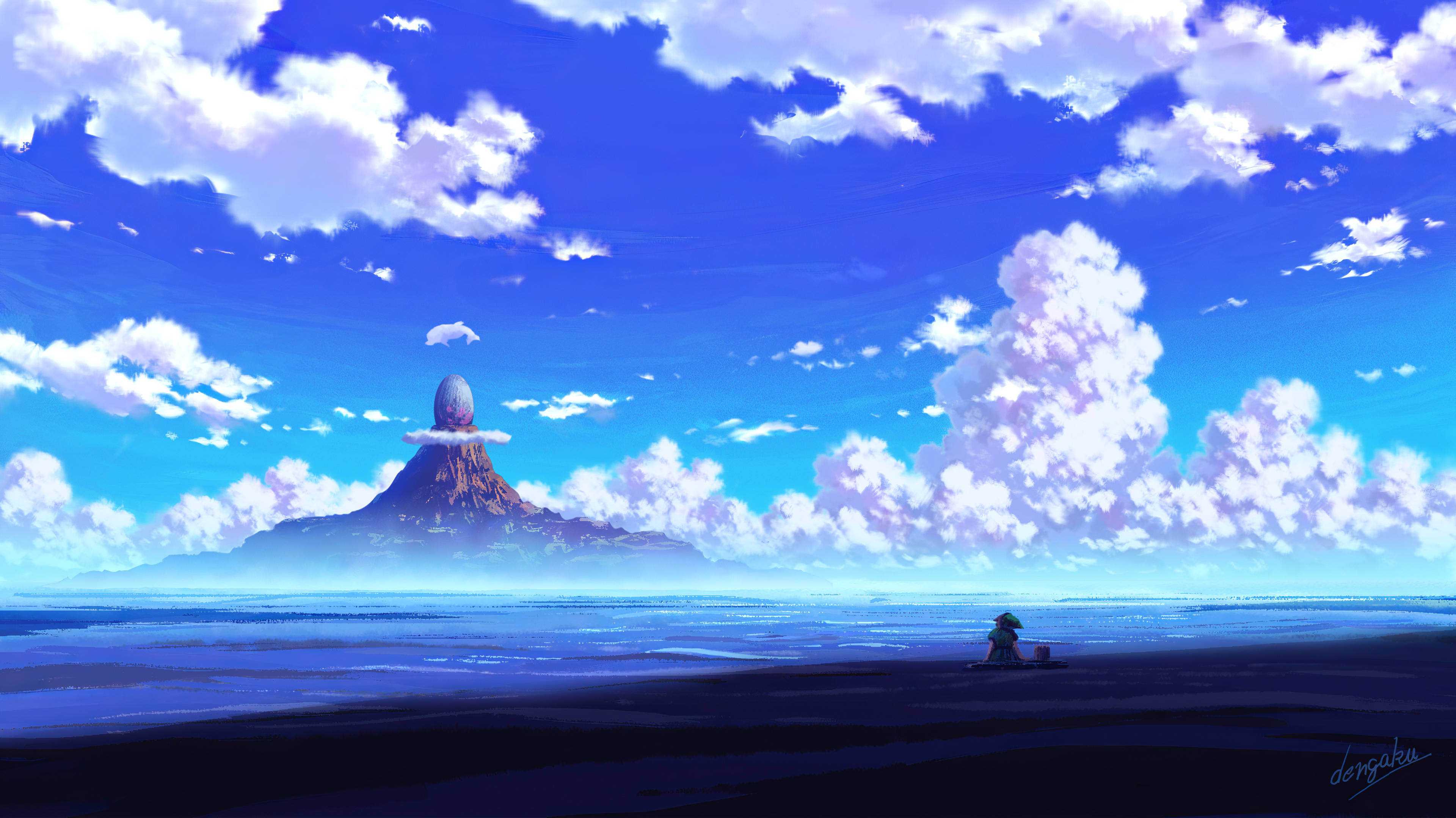 anime-inspired 4K landscape, vast blue plain, distant mountain, 4K Desktop Wallpaper