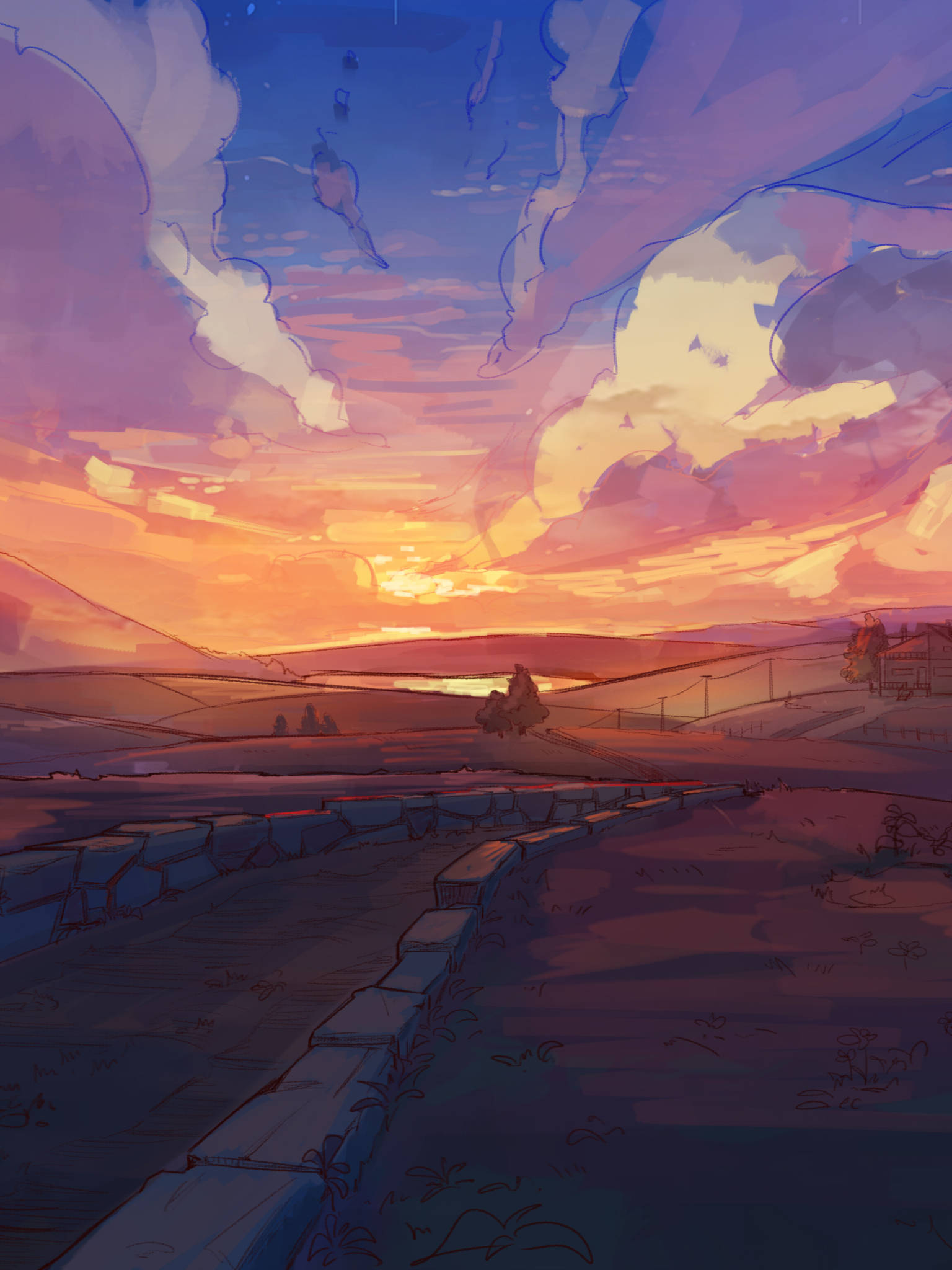 4K Anime Scenery, vibrant sunset sky, purple orange and blue clouds, Full HD Phone Wallpaper