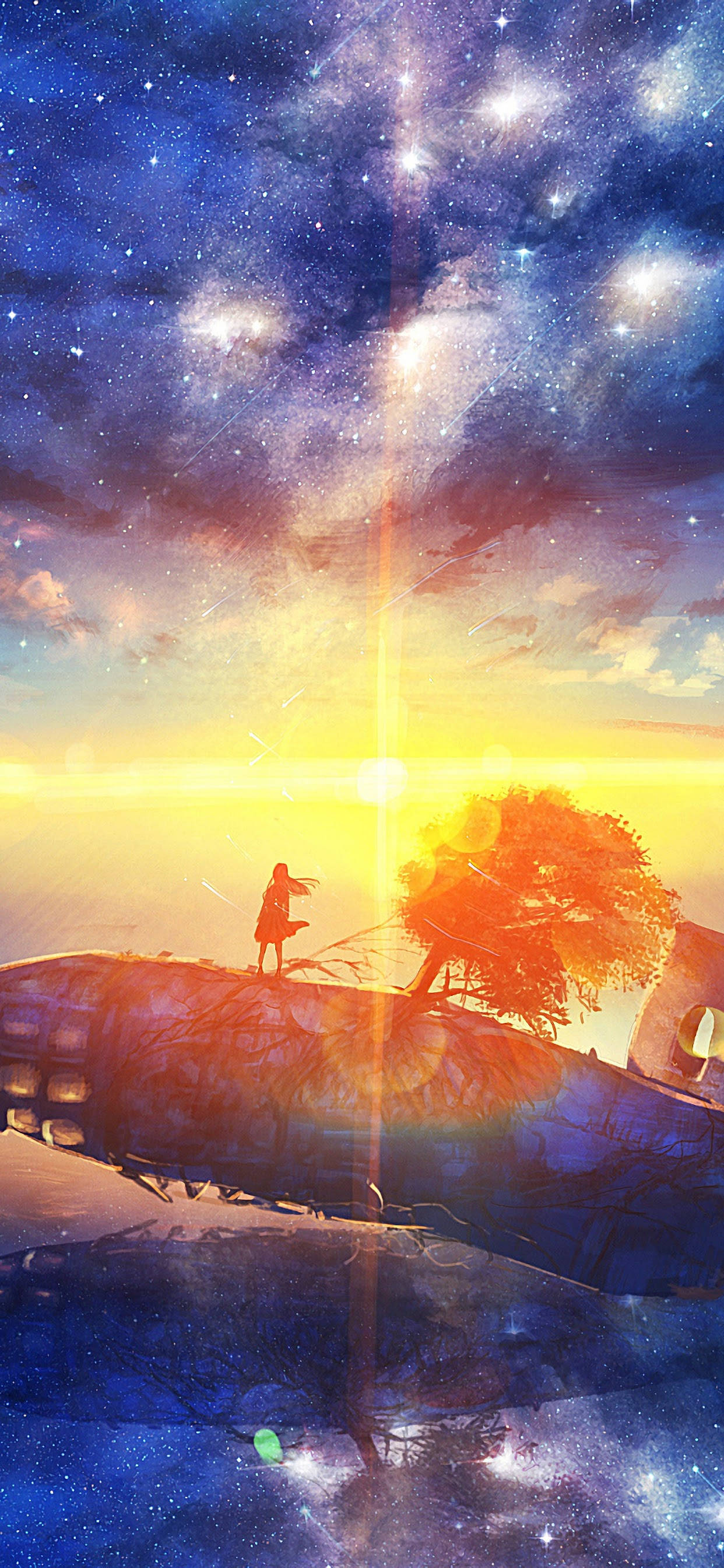 anime landscape, sunlit shipwreck, vibrant cosmic sky, 2K Phone Wallpaper