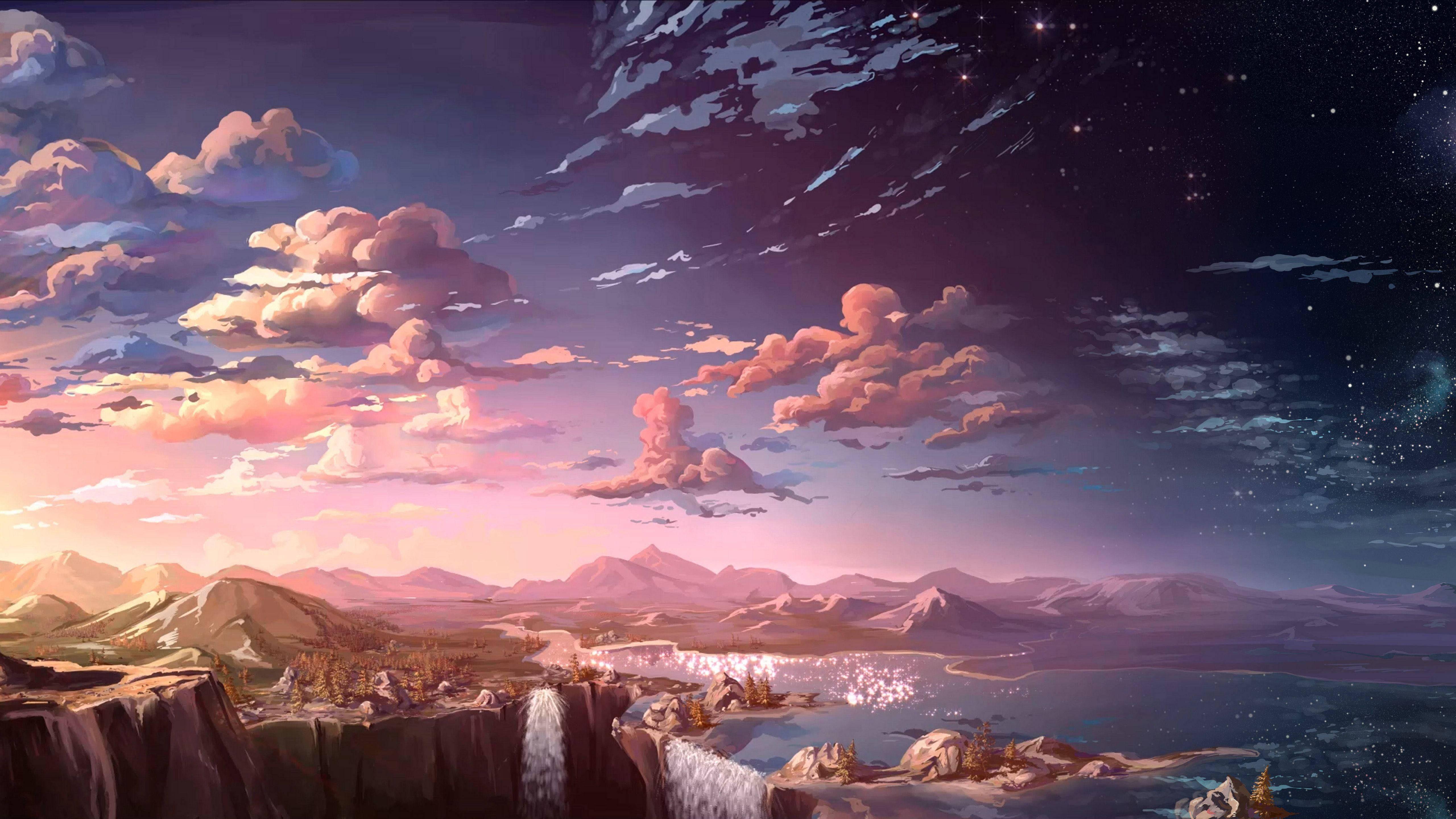 Seascape in a Wondrous Fantasy Land, pink clouds, mountains, 5K Desktop Wallpaper