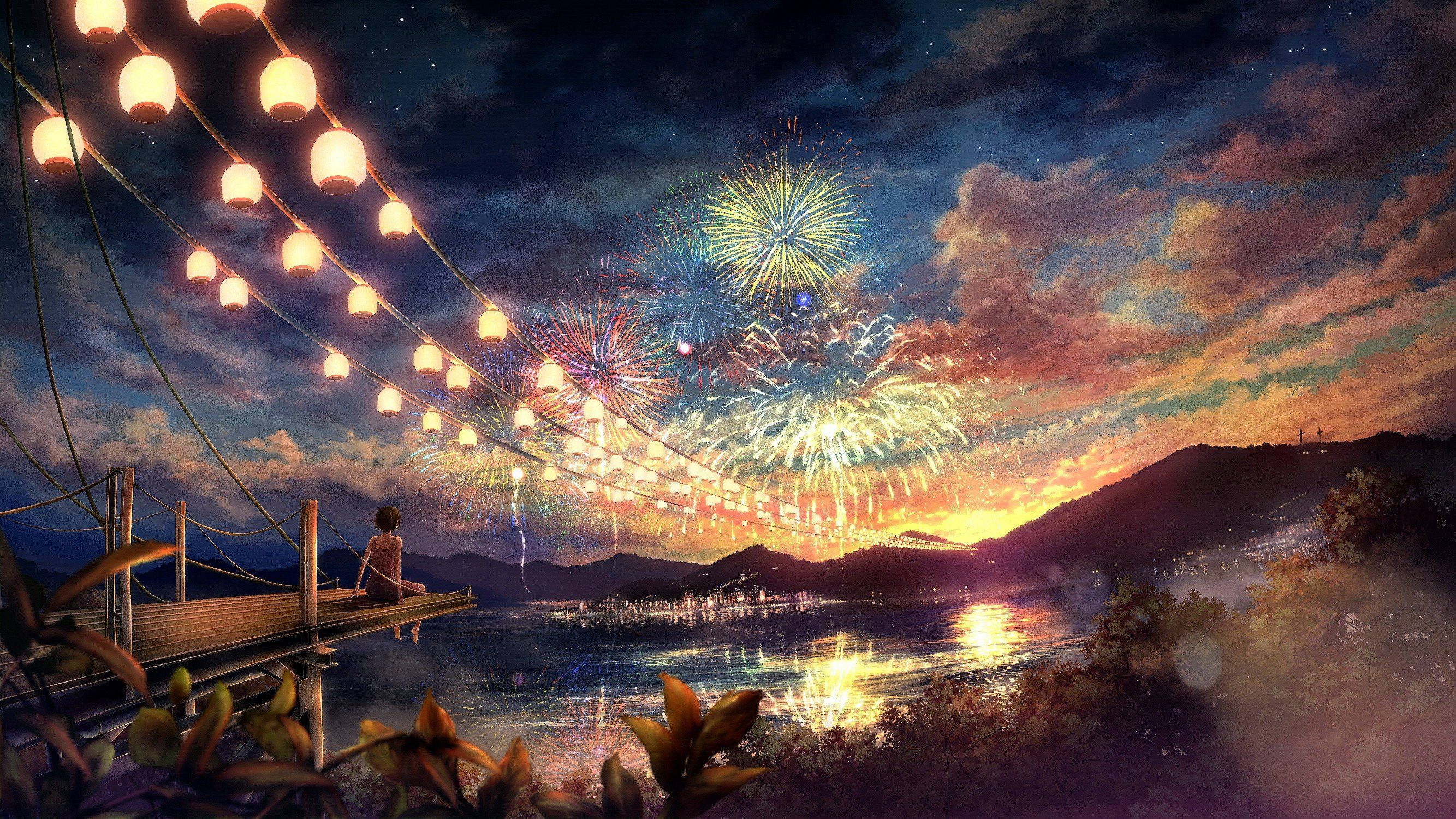 anime scenery 4k, wooden pier, glowing lanterns, 2K Desktop Wallpaper