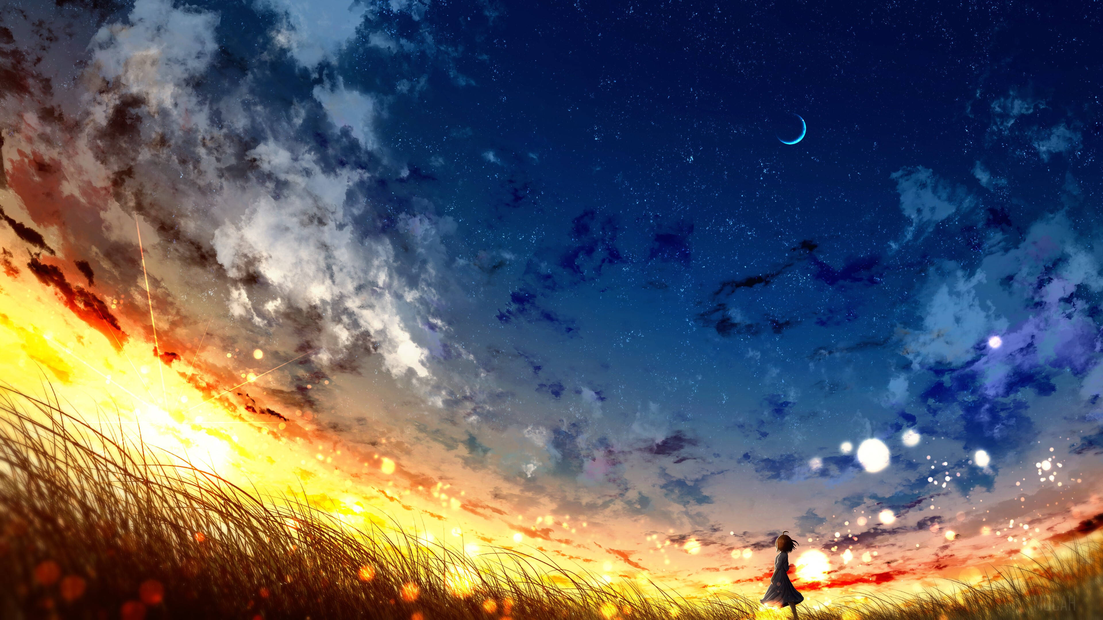 Anime Scenery 4K, twilight sky, fiery orange, 4K Desktop Wallpaper