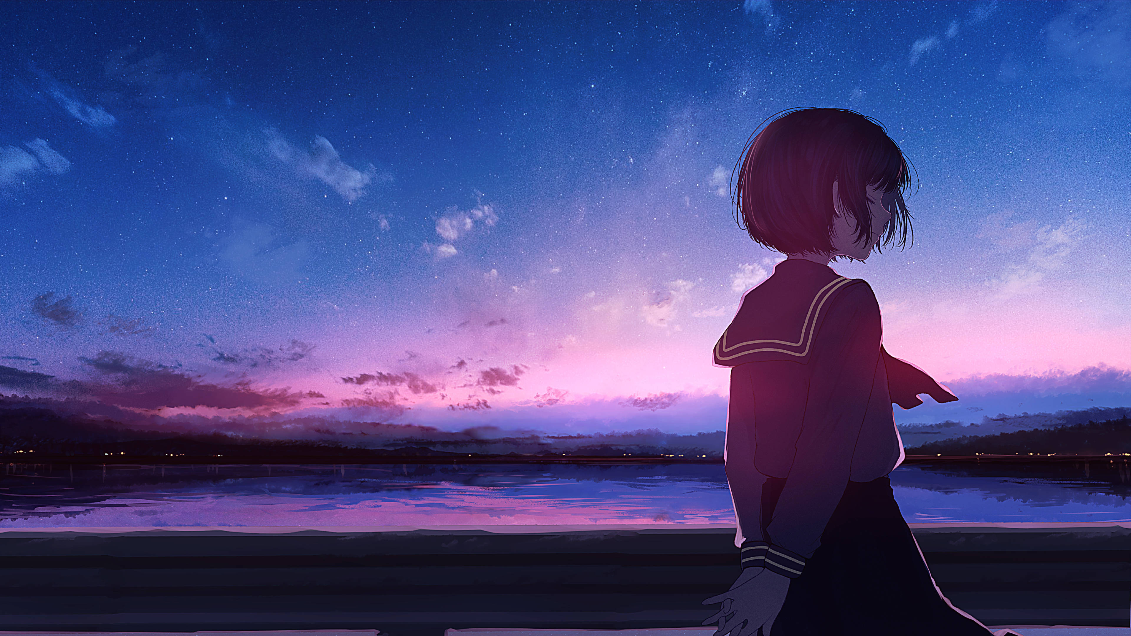 Anime Scenery 4K, school uniform, lake, 4K Desktop Wallpaper