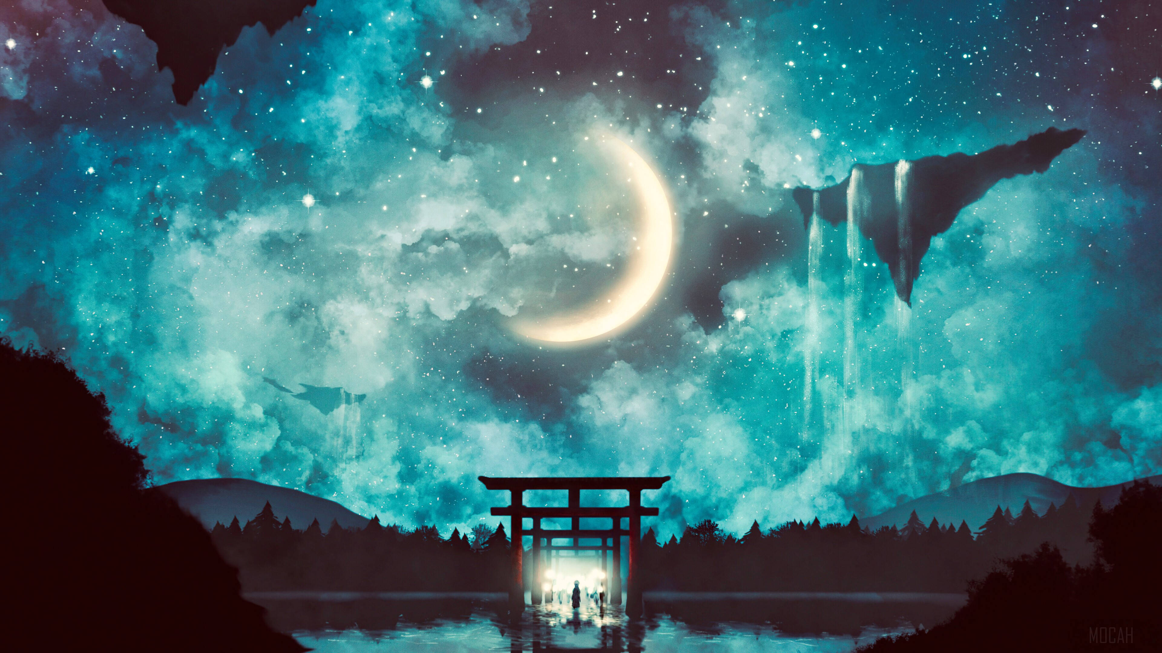 anime scenery 4k, 3840 x 2160, glowing crescent moon, 4K Desktop Wallpaper