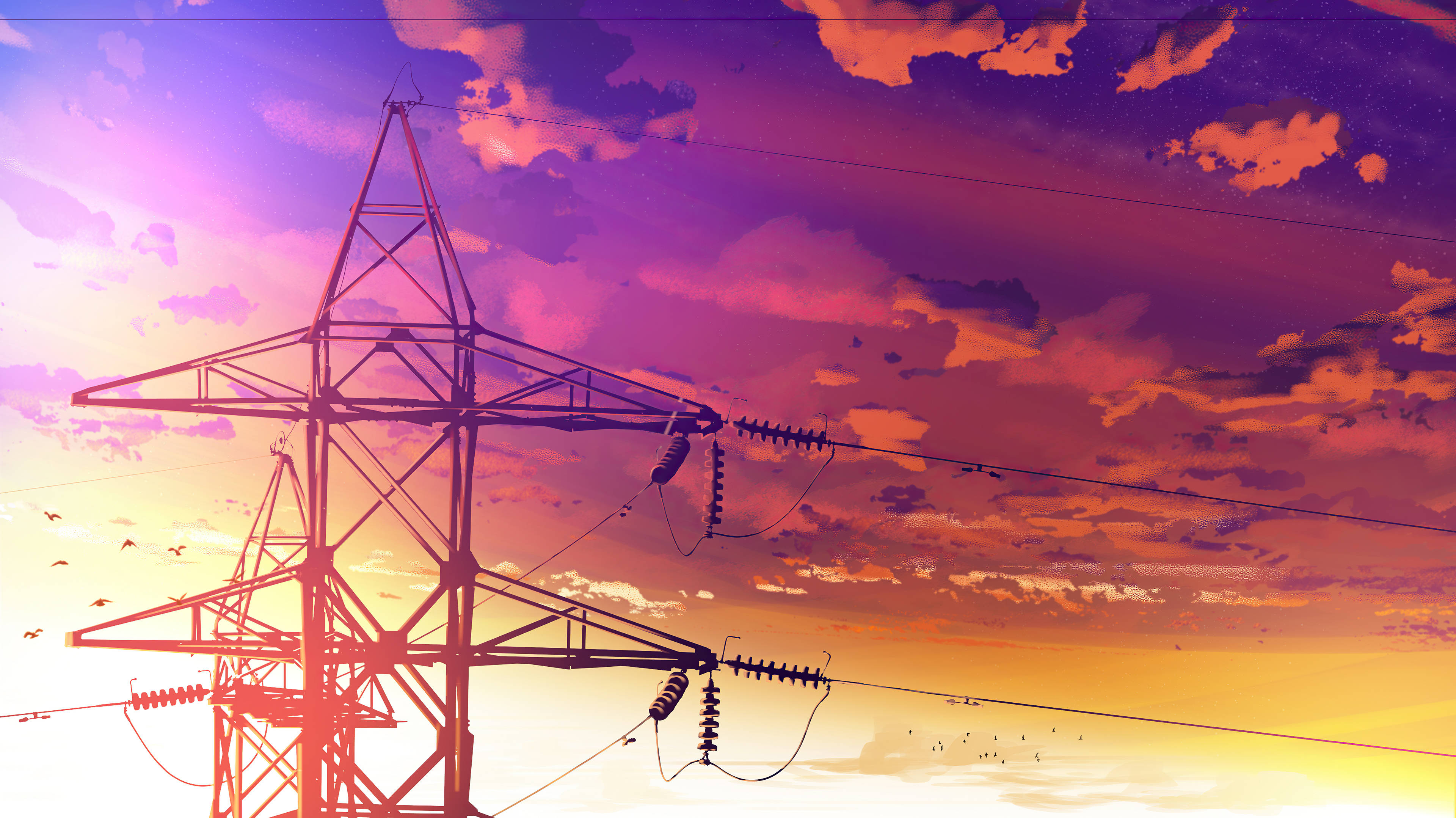 Anime Scenery 4K, vibrant sunset sky, fiery oranges, 4K Desktop Wallpaper