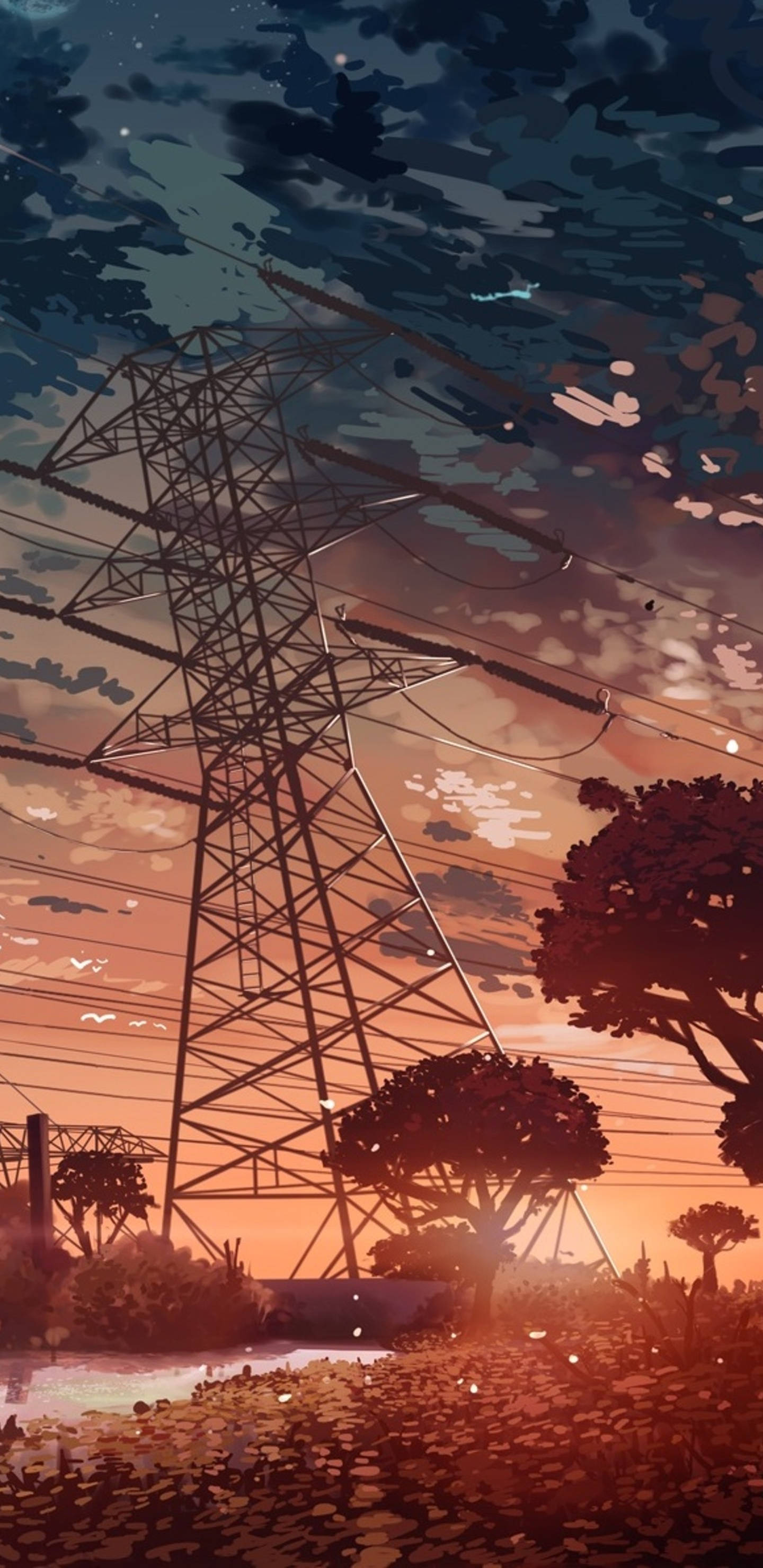 Anime Scenery 4K, towering electricity pylon, vibrant sunset sky, 2K Phone Wallpaper