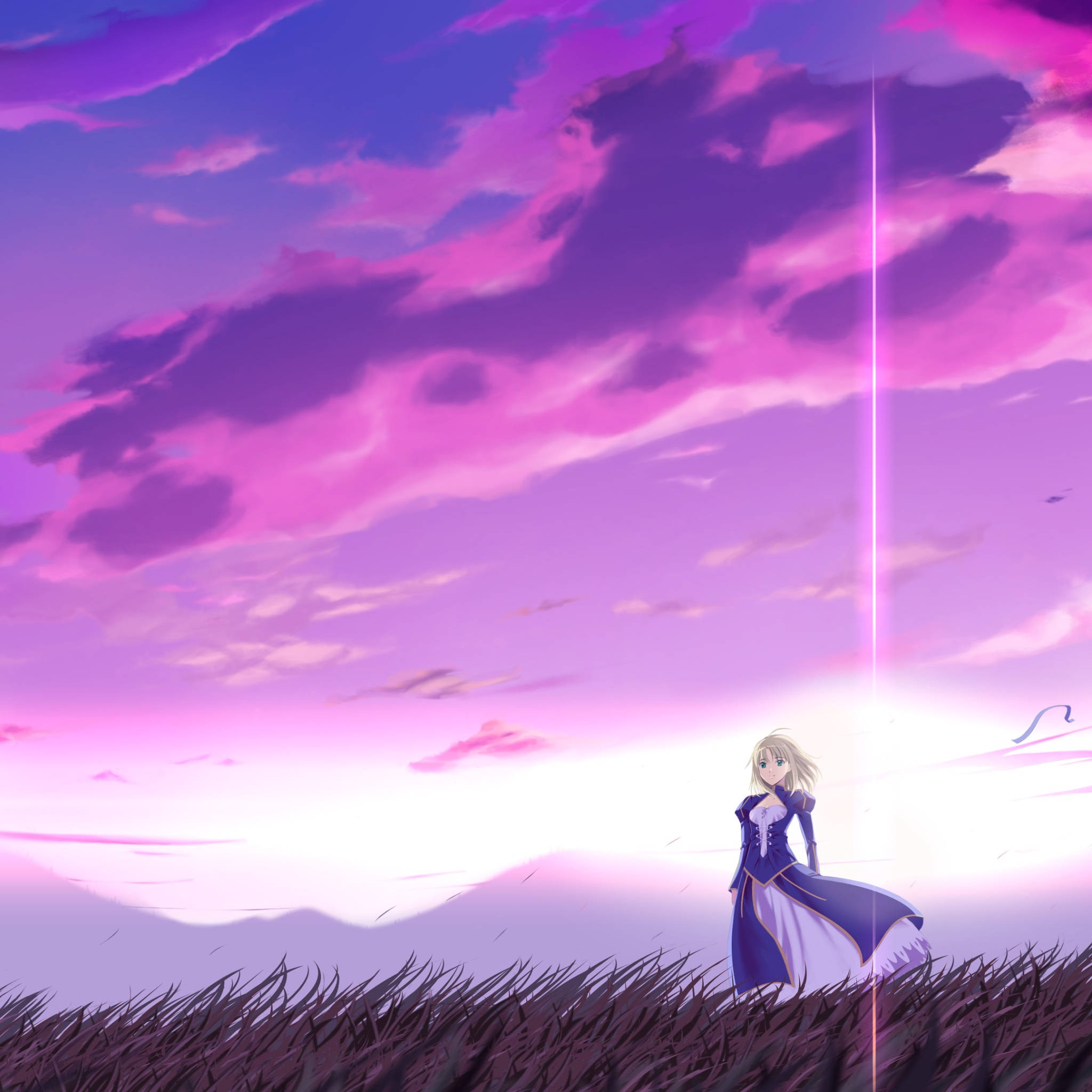 anime girl, purple dress, tall grass, Full HD Desktop Wallpaper