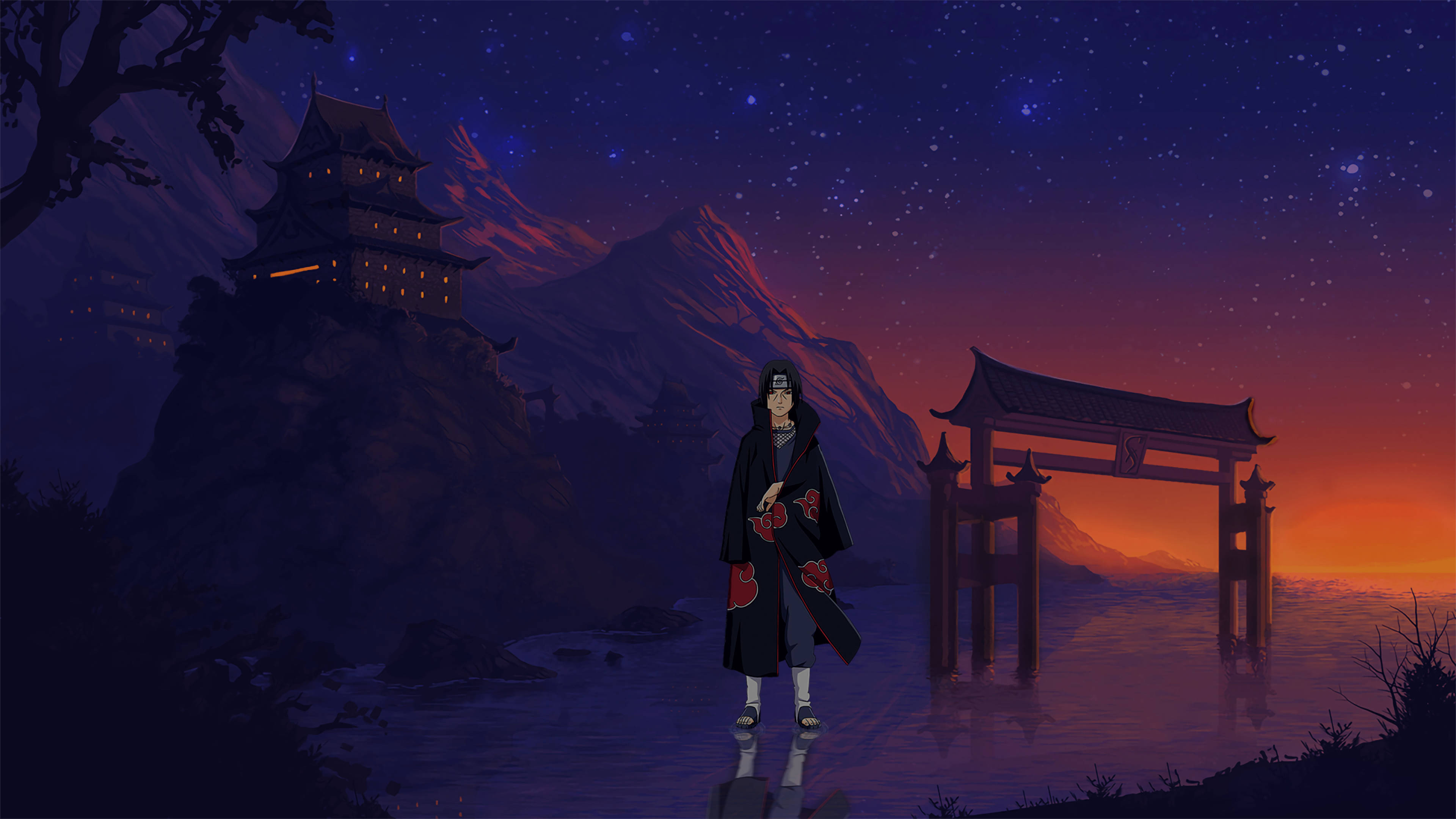 anime scenery 4k, black cloak, glowing torii gate, 4K Desktop Wallpaper
