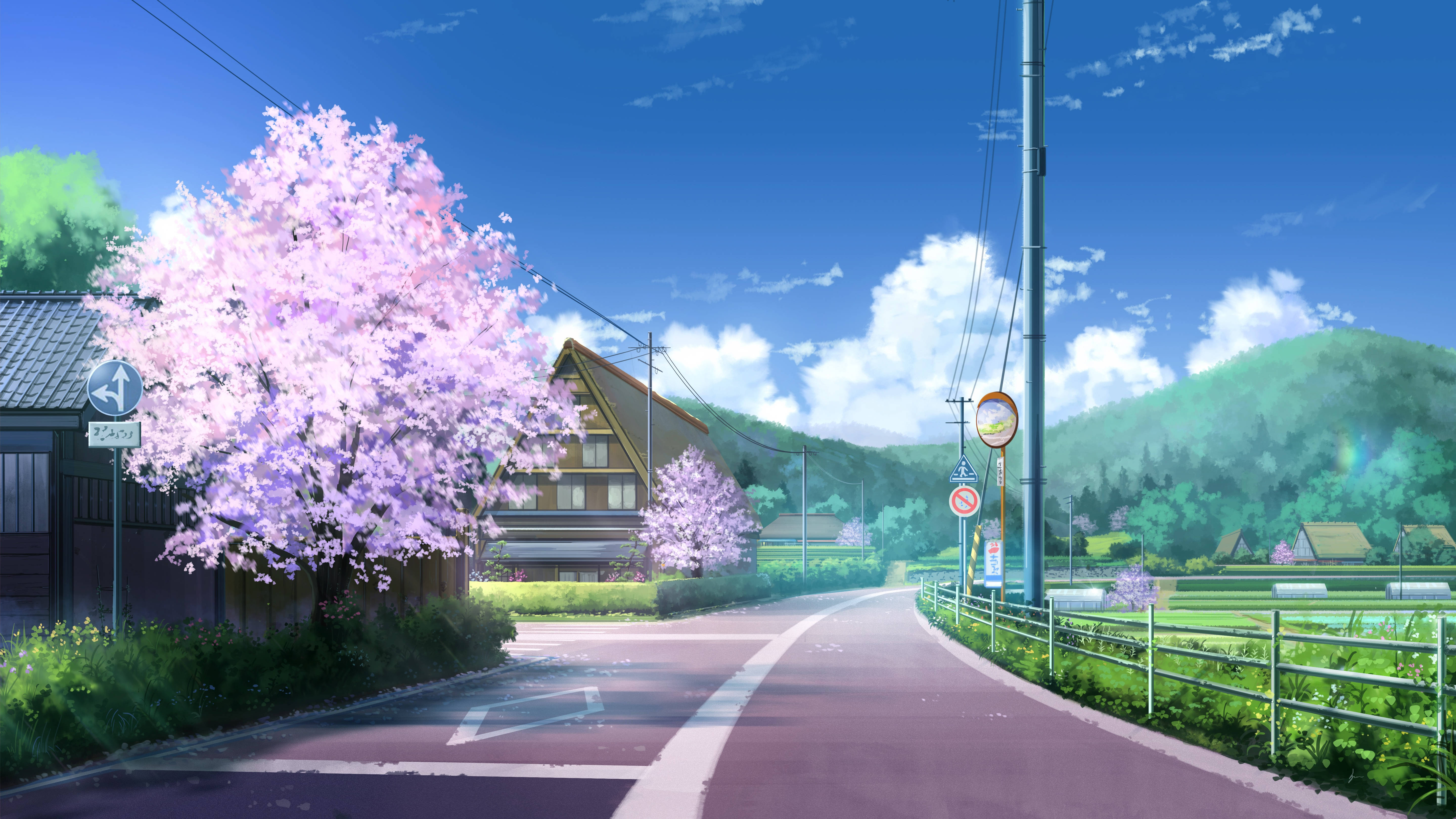 countryside scenery, anime-style village road, blooming pink cherry trees, 5K Desktop Wallpaper