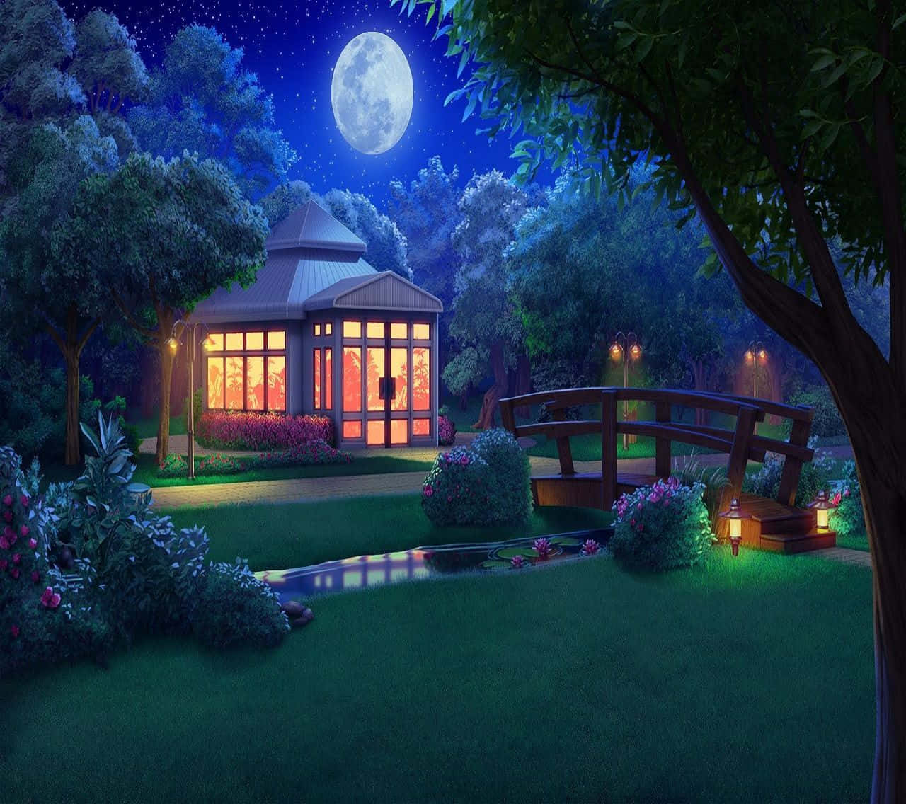 Anime Park Scenery, glass conservatory, full moon, HD Desktop Wallpaper