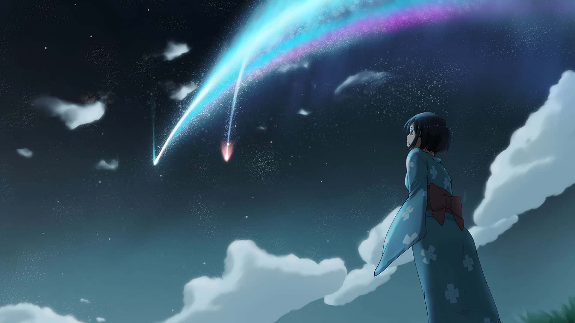 young girl, blue kimono, vibrant blue and pink meteor, Full HD Desktop Wallpaper
