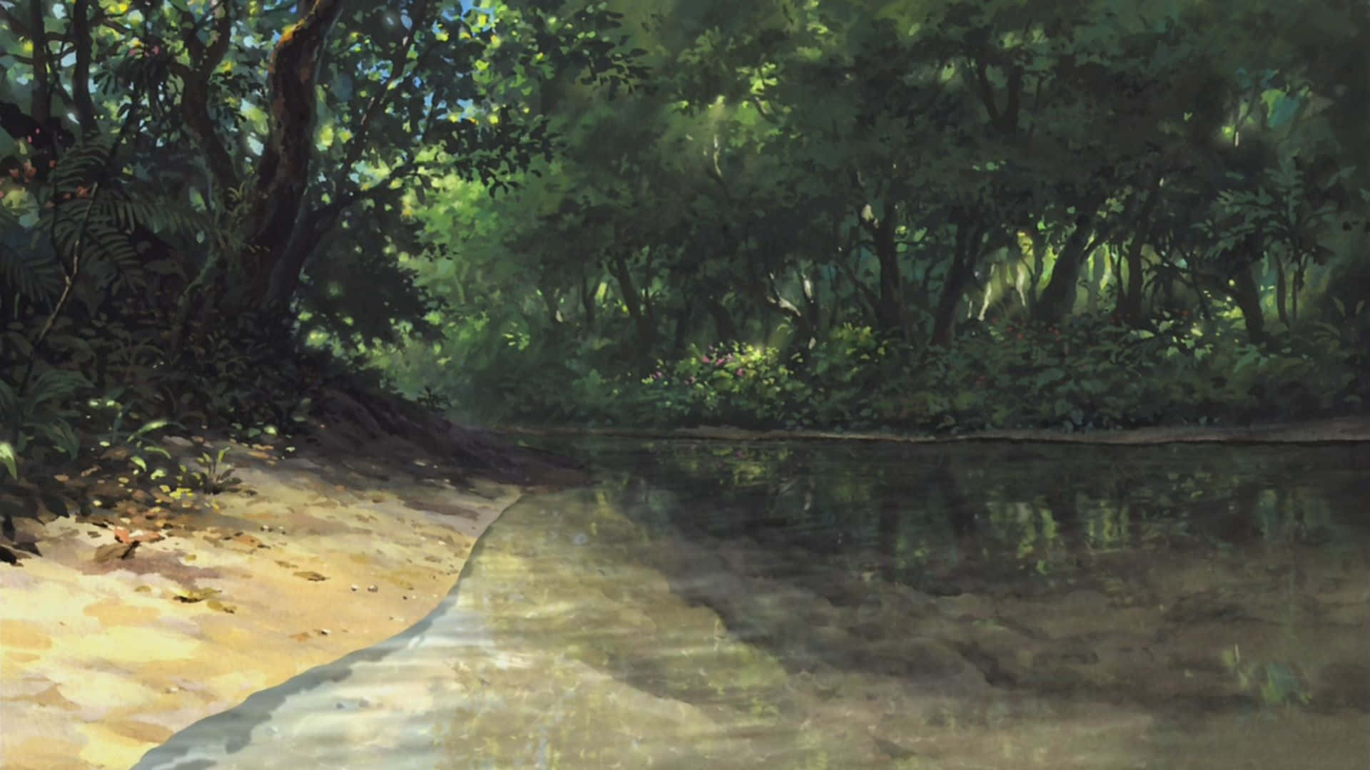 Anime Park Scenery, forest stream, lush greenery, Full HD Desktop Wallpaper