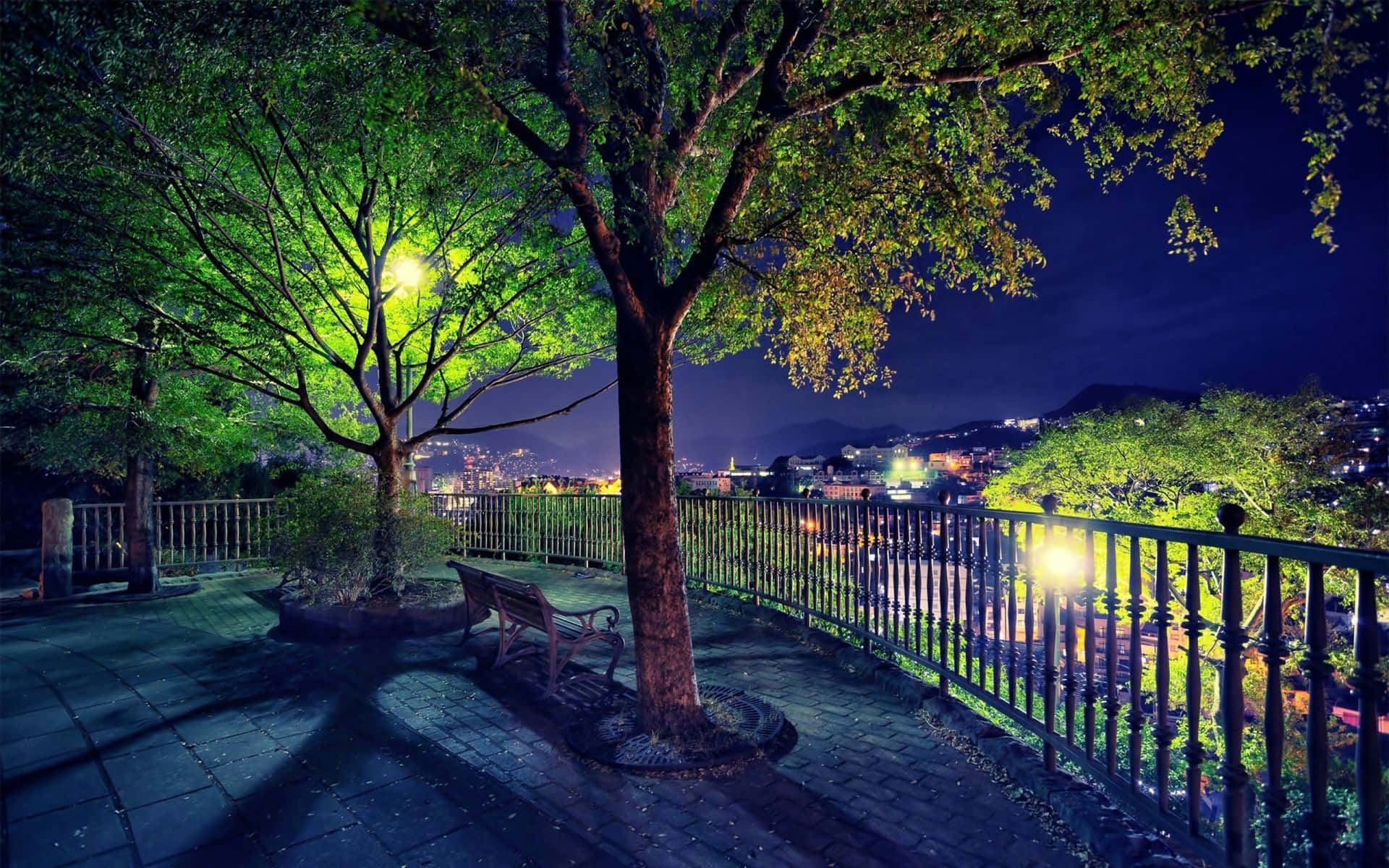 Anime Park Scenery, glowing green tree, stone path, Full HD Desktop Wallpaper