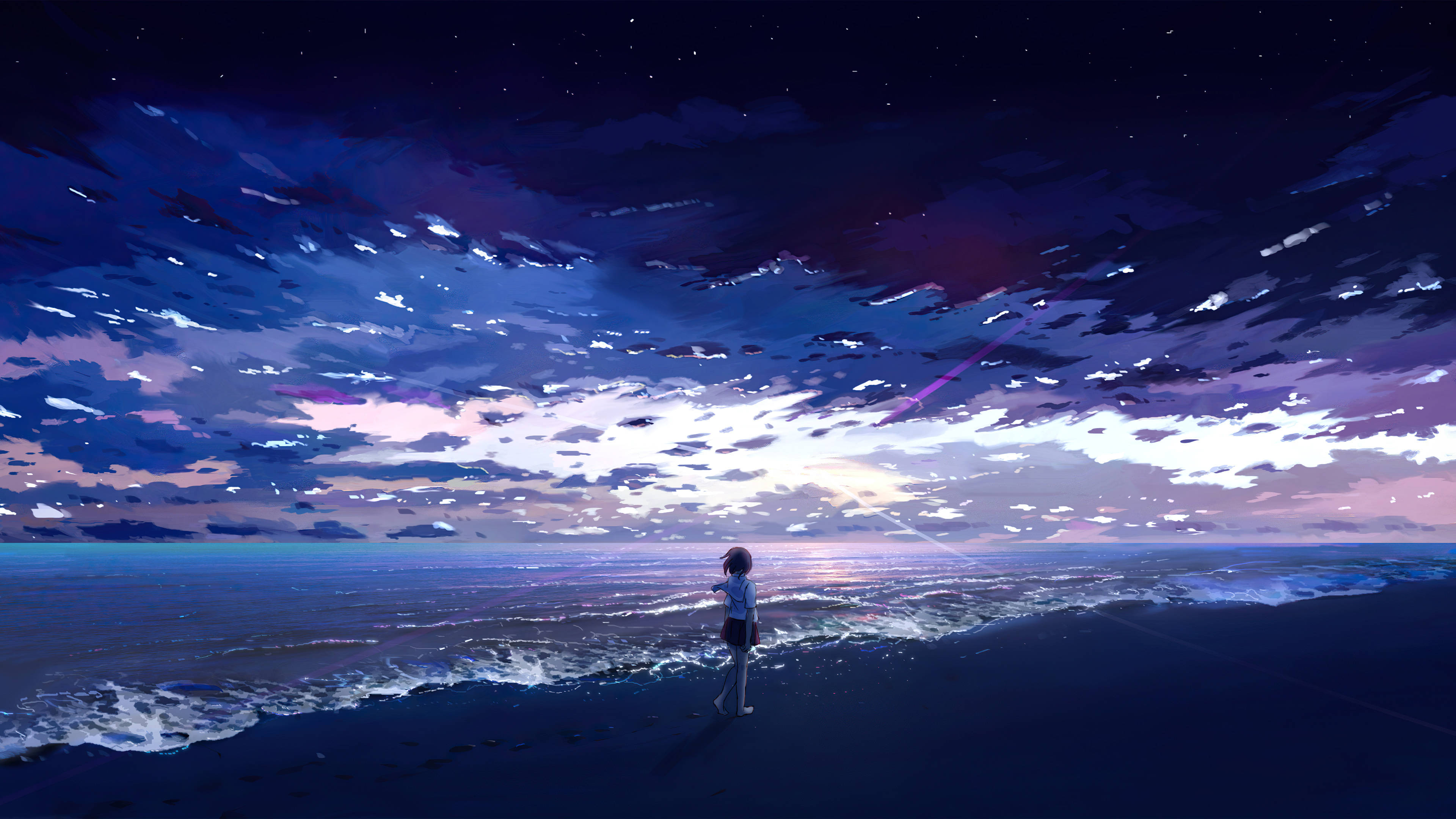 anime girl, dark beach, starry twilight sky, 4K Desktop Wallpaper