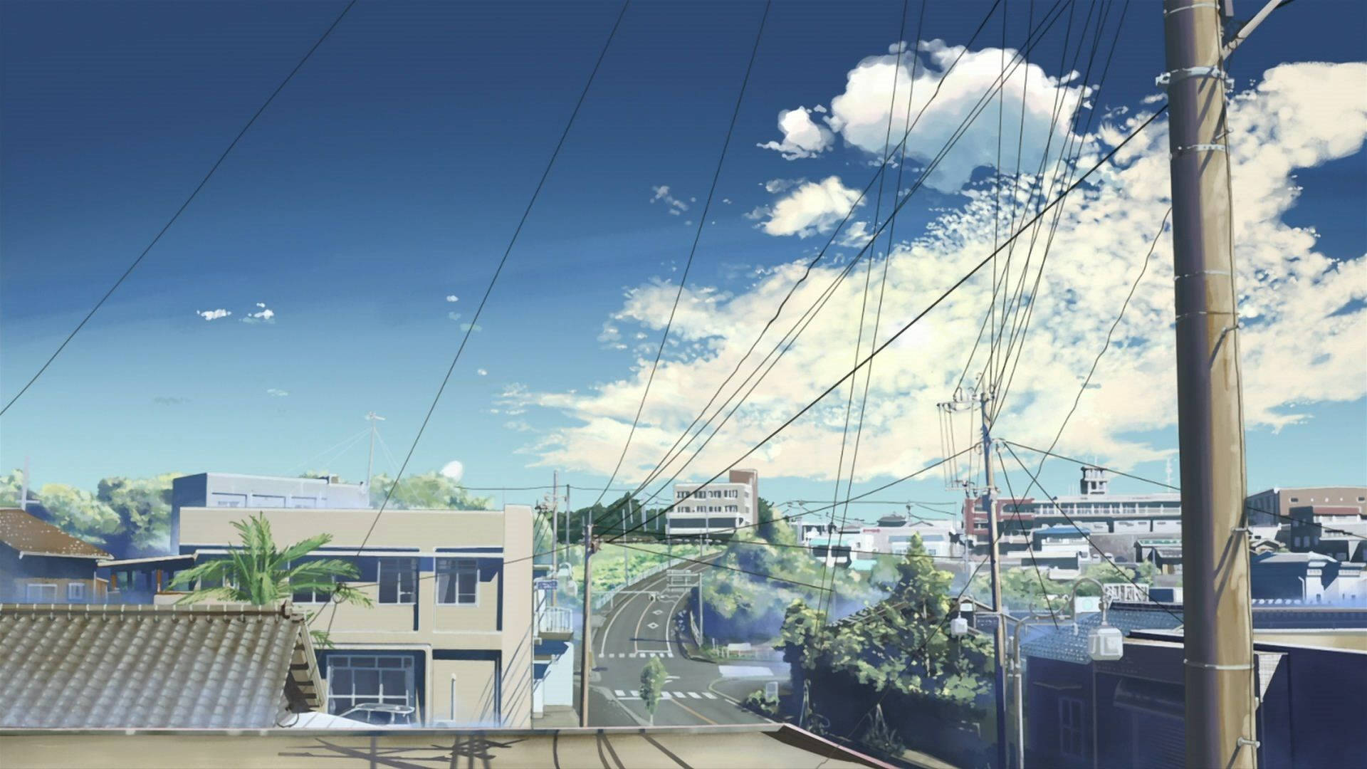 blue anime street, electric post, vivid blue sky, Full HD Desktop Wallpaper