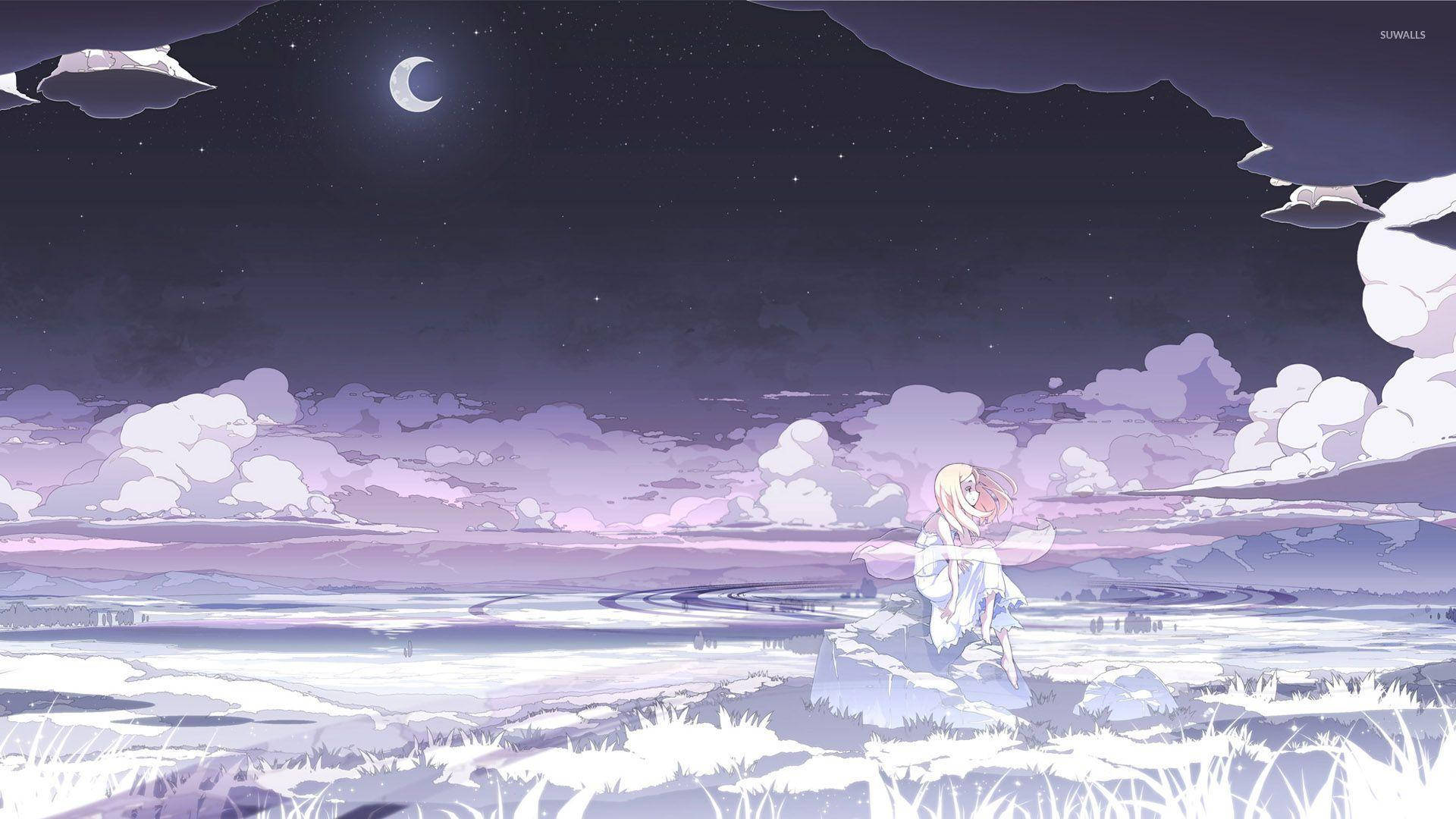 anime girl, snowy field, crescent moon, Full HD Desktop Wallpaper