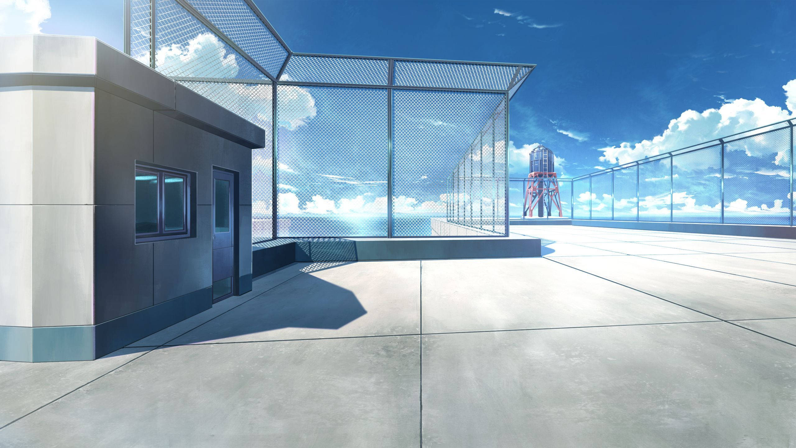 Anime School Scenery, empty rooftop, concrete flooring, 2K Desktop Wallpaper