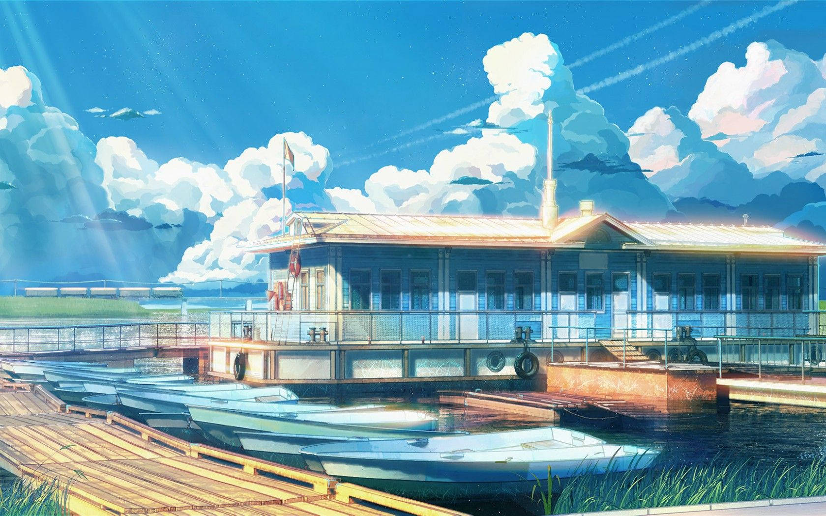 lake house, anime-style dockside building, boats, HD Desktop Wallpaper