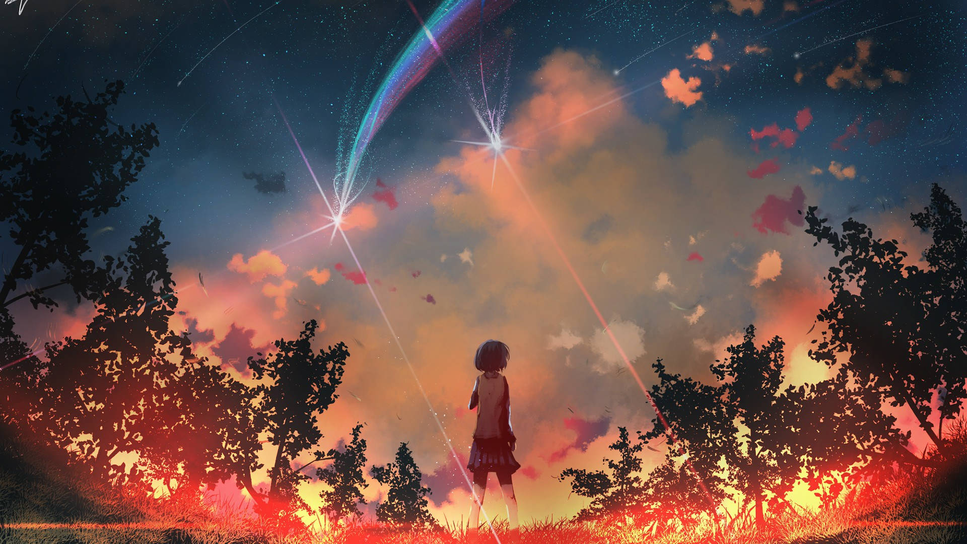 lone girl, field at twilight, vibrant meteor, Full HD Desktop Wallpaper
