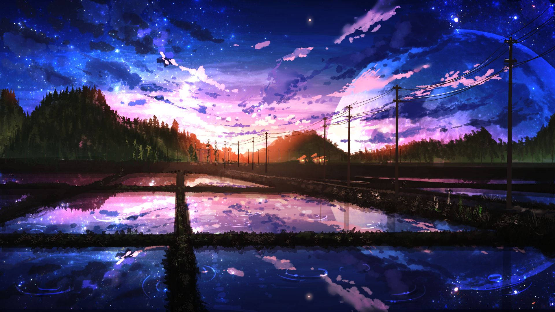 sunrise, anime landscape, twilight, Full HD Desktop Wallpaper