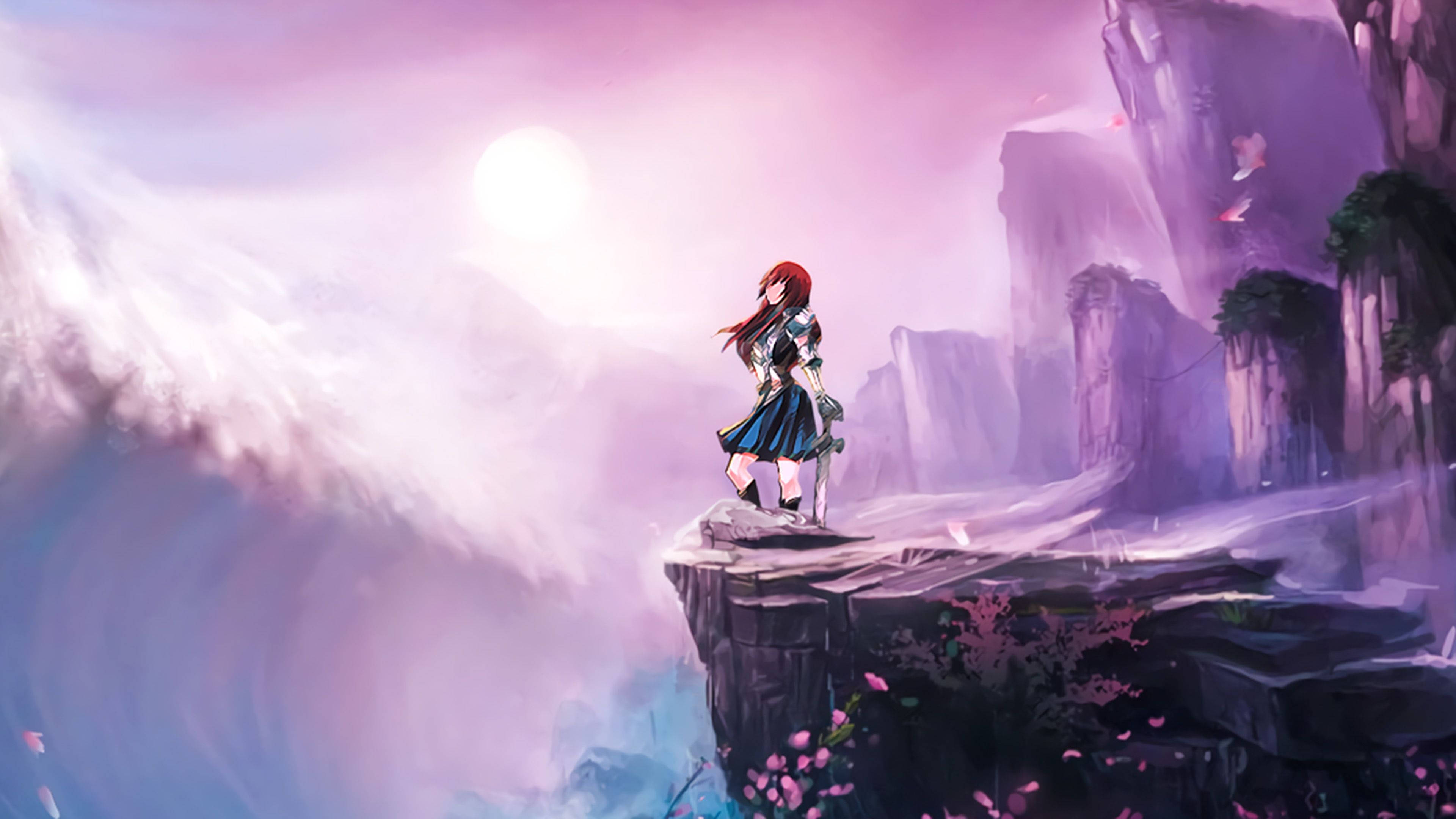 anime girl, red hair, cliff edge, 4K Desktop Wallpaper