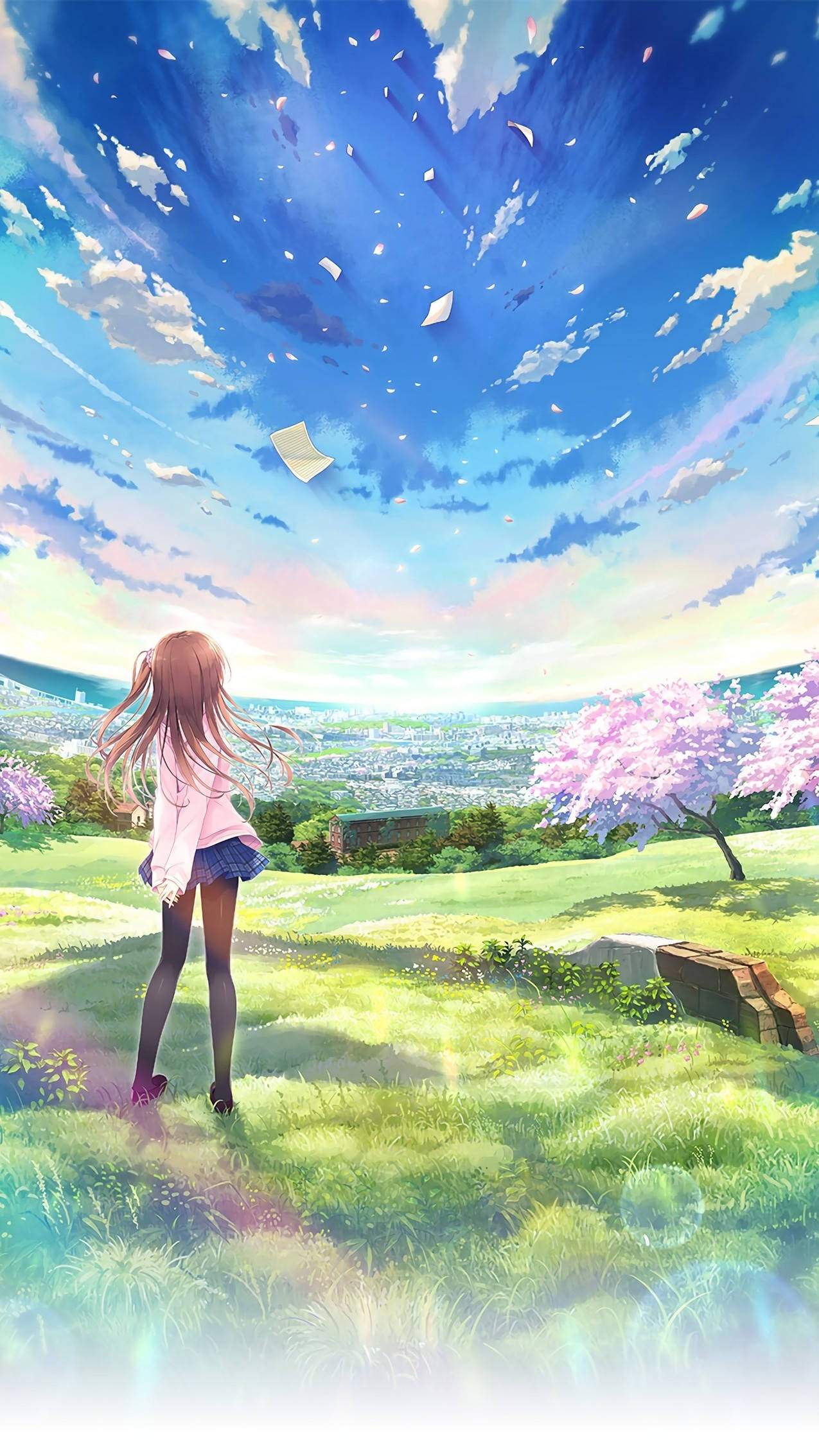 cherry blossom, long hair, grassy hill, Full HD Phone Wallpaper