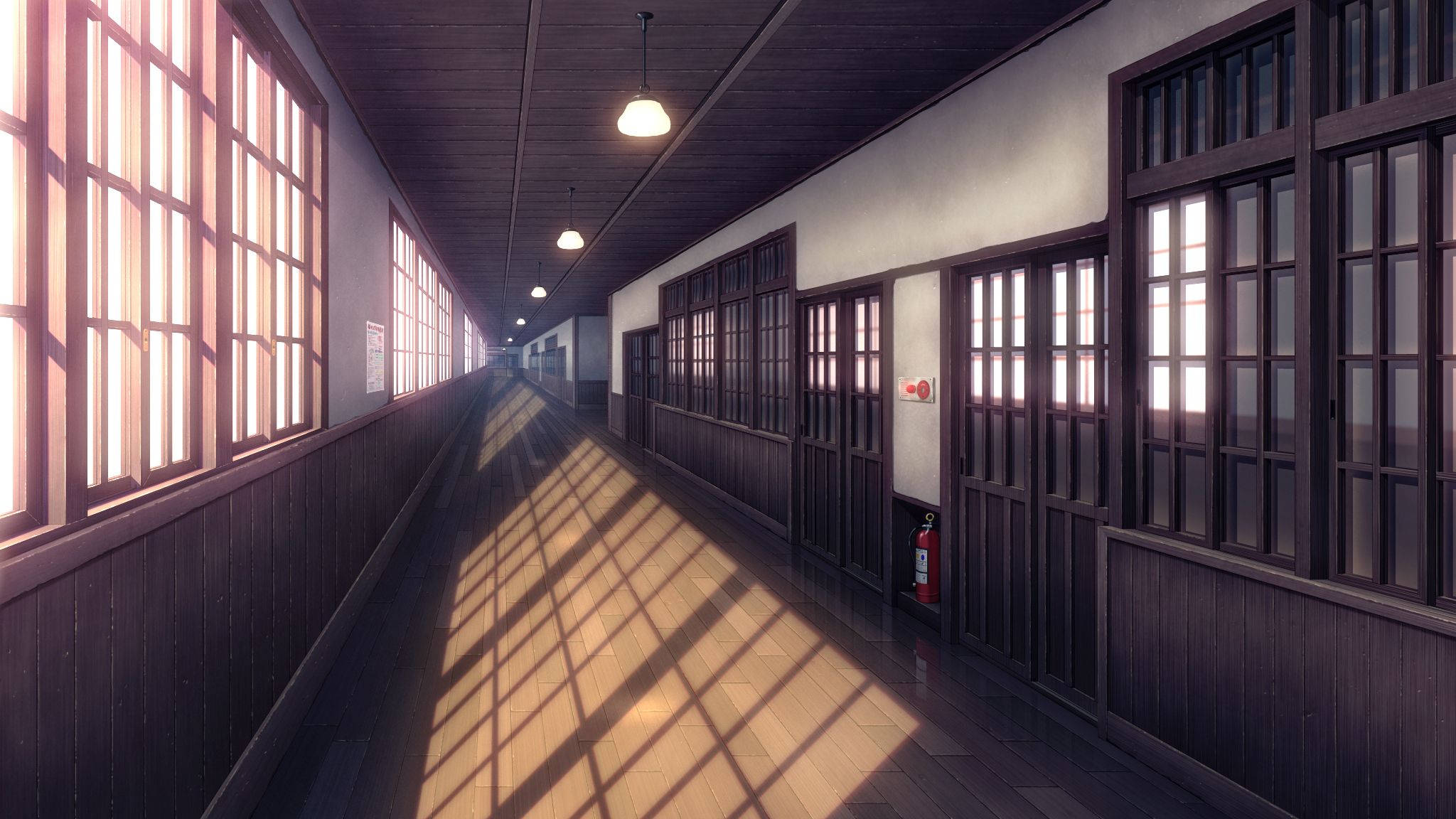 Anime School Scenery, wooden hallway, tall windows, Full HD Desktop Wallpaper