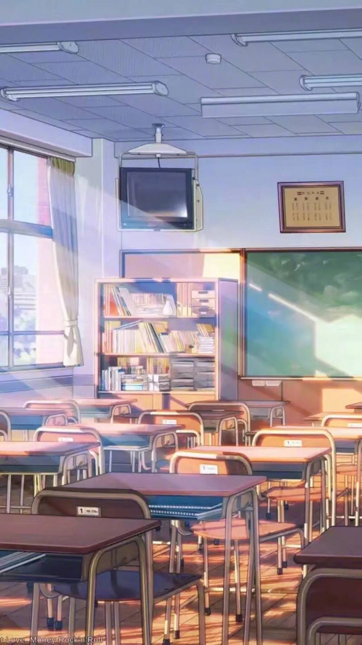 Anime School Scenery, classroom, TV, Full HD Phone Wallpaper