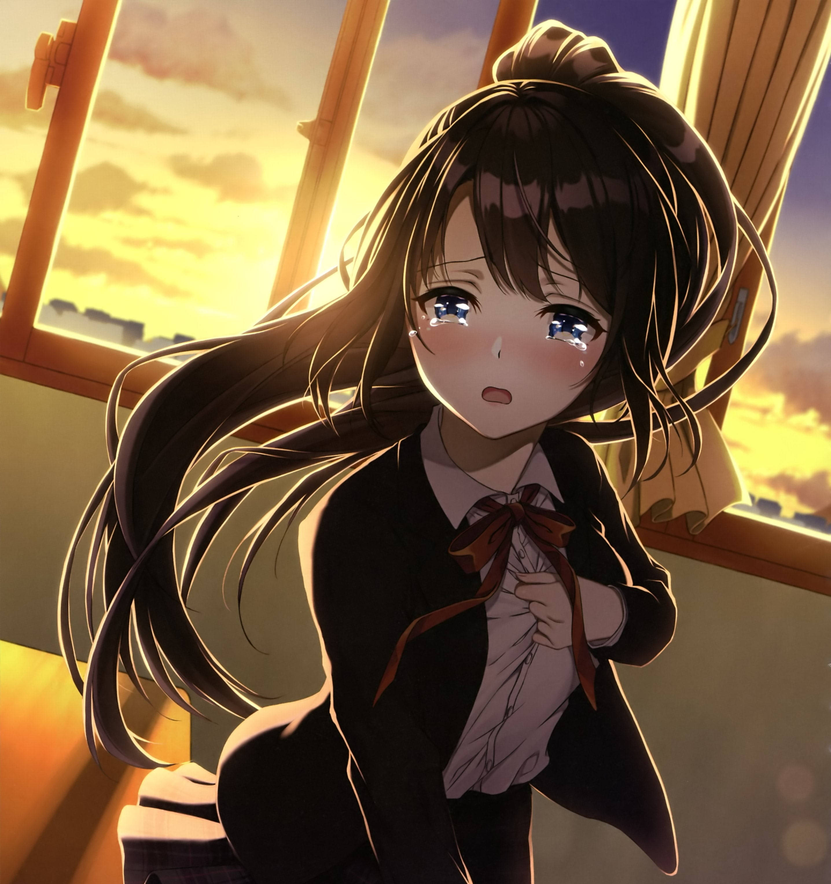 anime school scenery, anime sad girl crying, school uniform, 2K Phone Wallpaper
