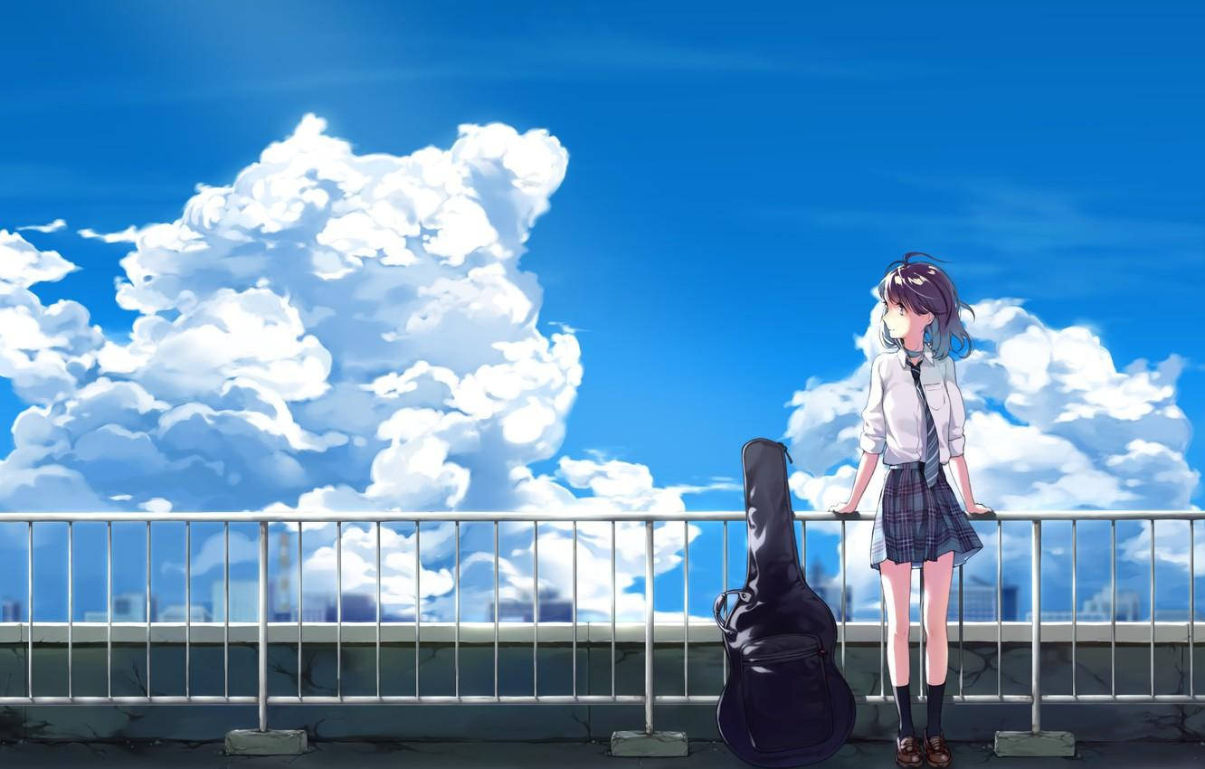 anime school scenery, anime girl, guitar case, HD Desktop Wallpaper