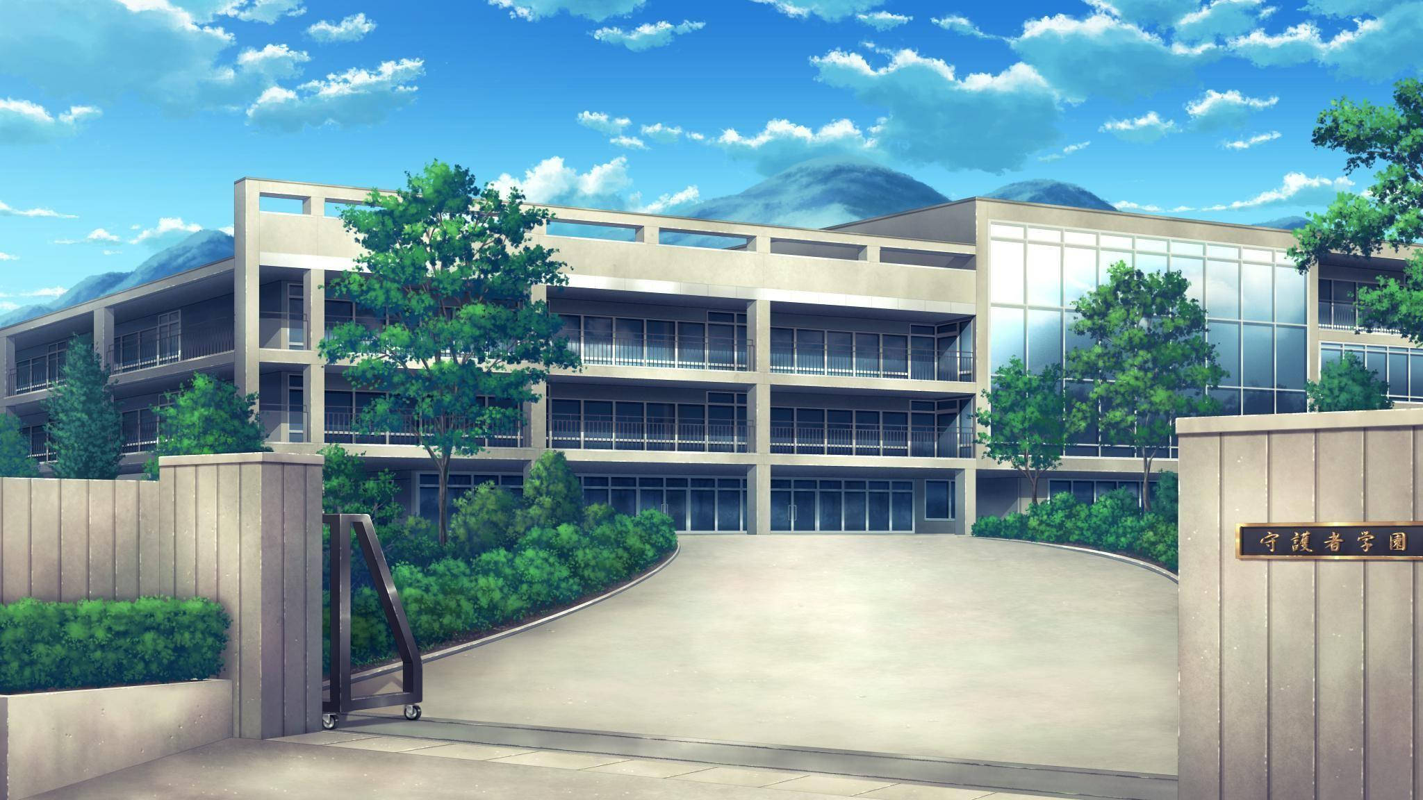 Anime School Scenery, uphill entrance, glass windows, Full HD Desktop Wallpaper