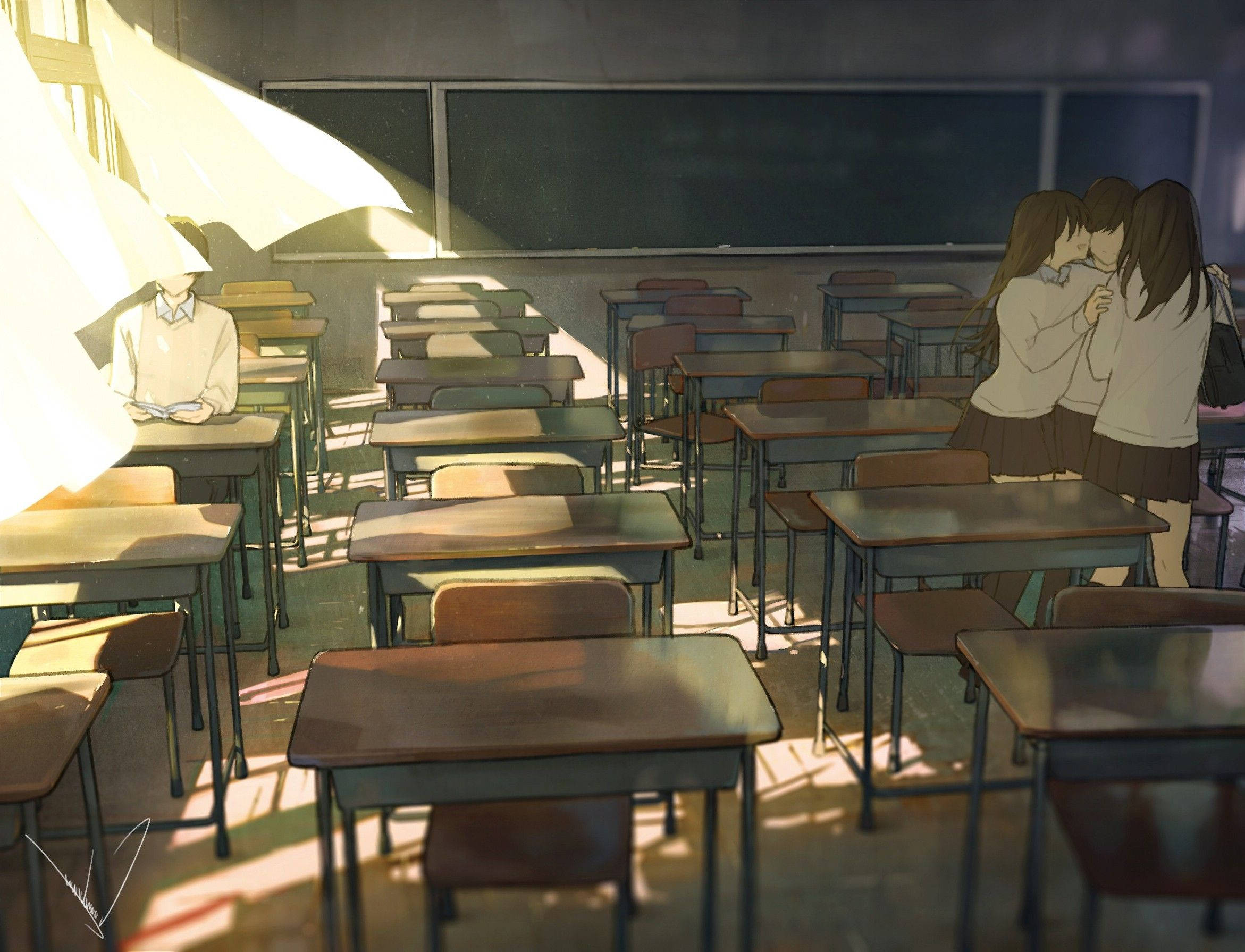 Anime School Scenery, classroom, chalkboard, Full HD Desktop Wallpaper