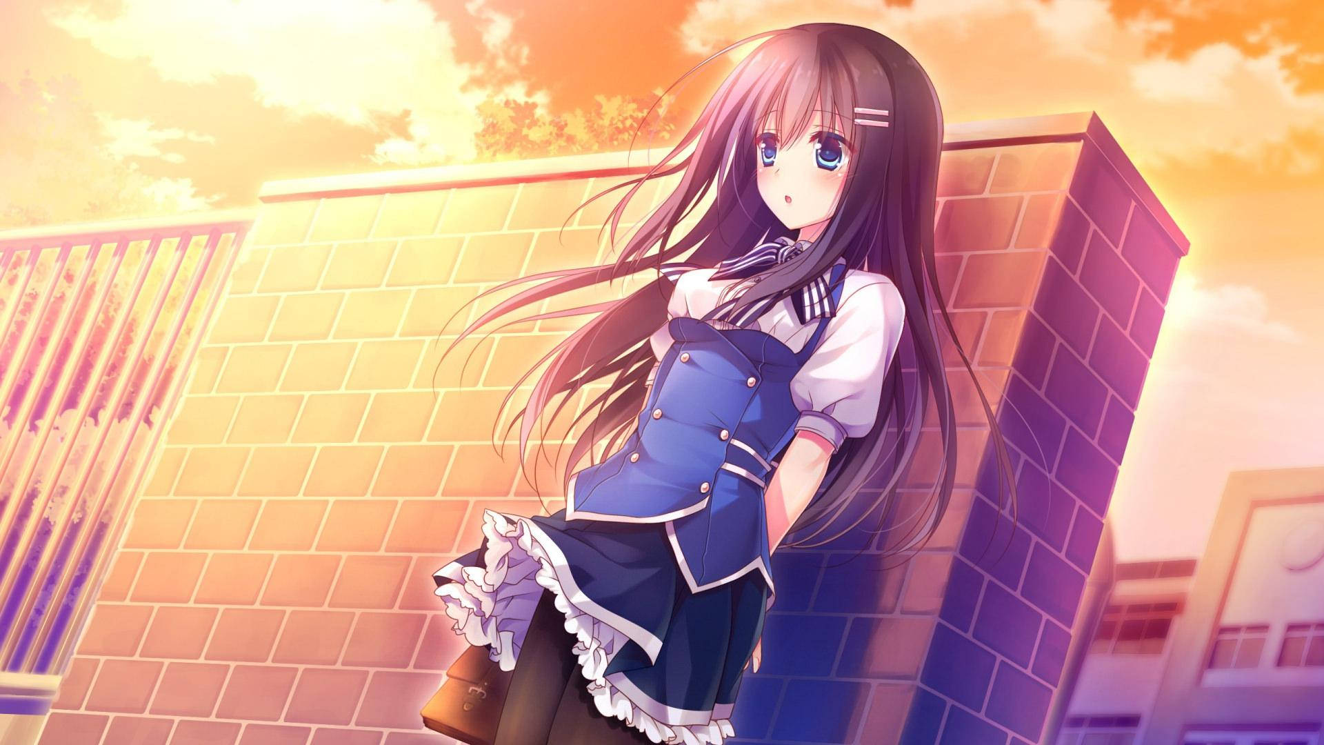 anime school scenery, kawaii girl, blue school uniform, Full HD Desktop Wallpaper