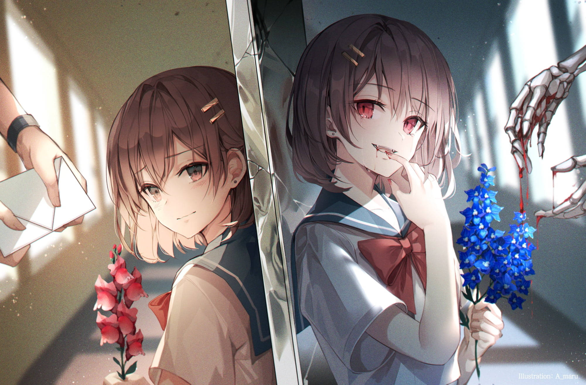 Anime School Scenery, anime girl, alternate universe, Full HD Desktop Wallpaper