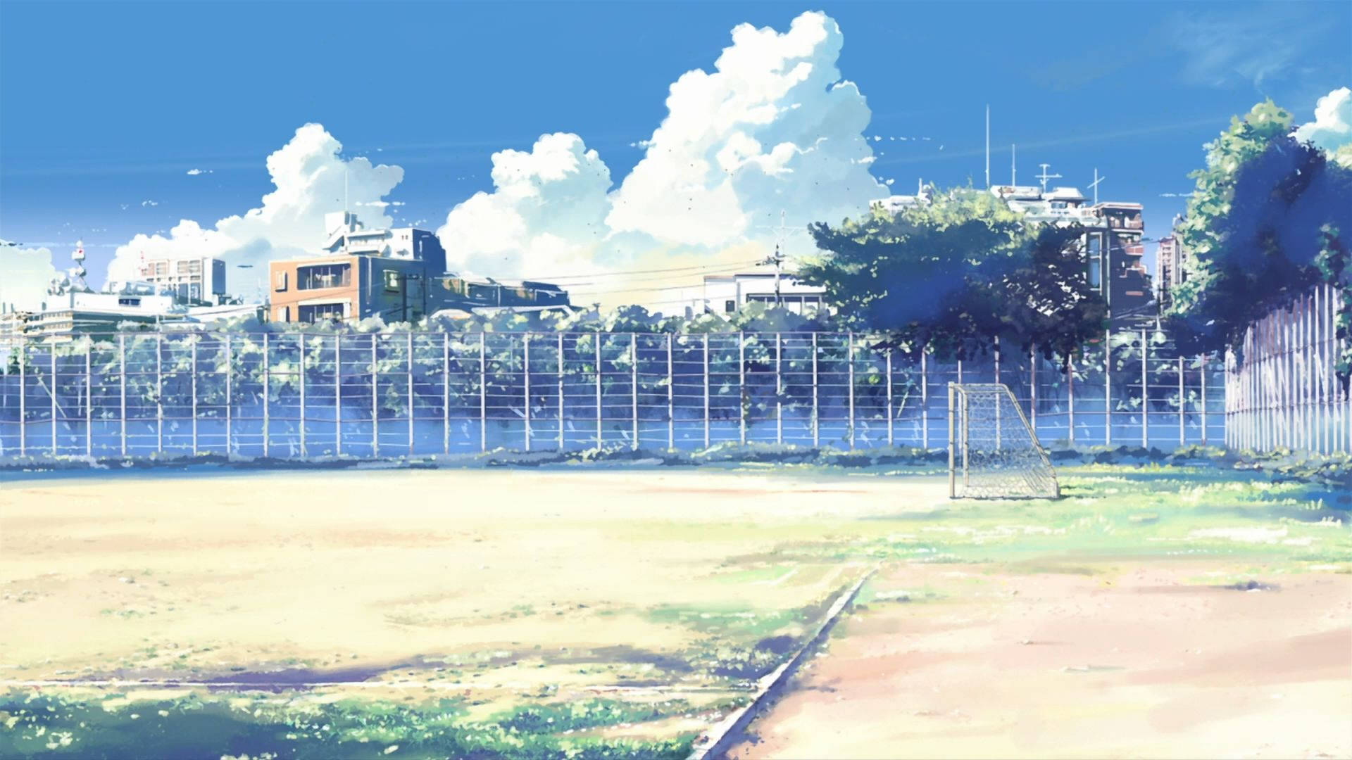 Anime School Scenery, soccer field, goalpost, Full HD Desktop Wallpaper