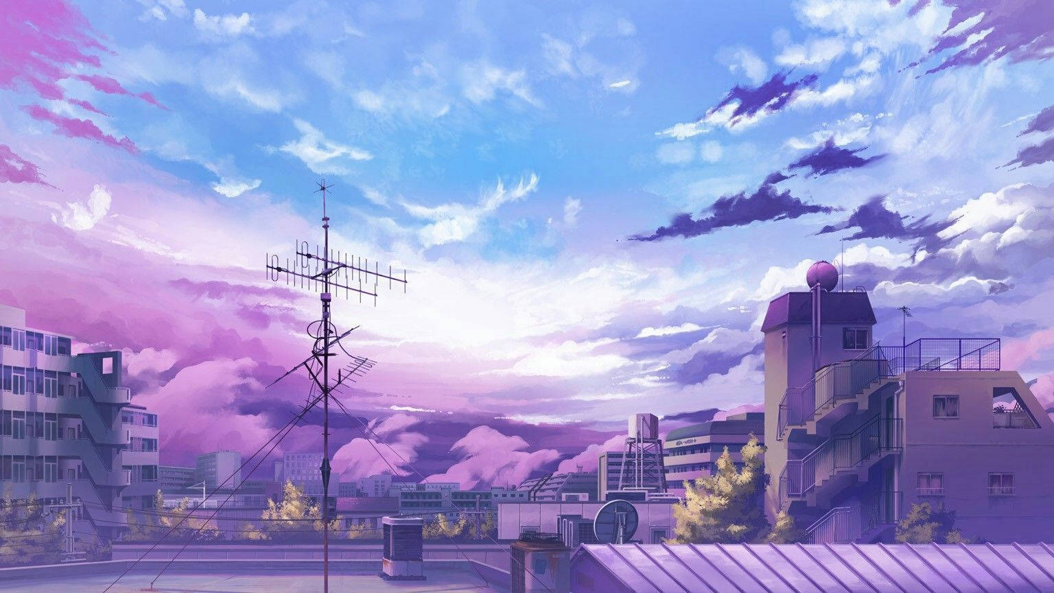 Anime School Scenery, rooftop, purple aesthetic, HD Desktop Wallpaper