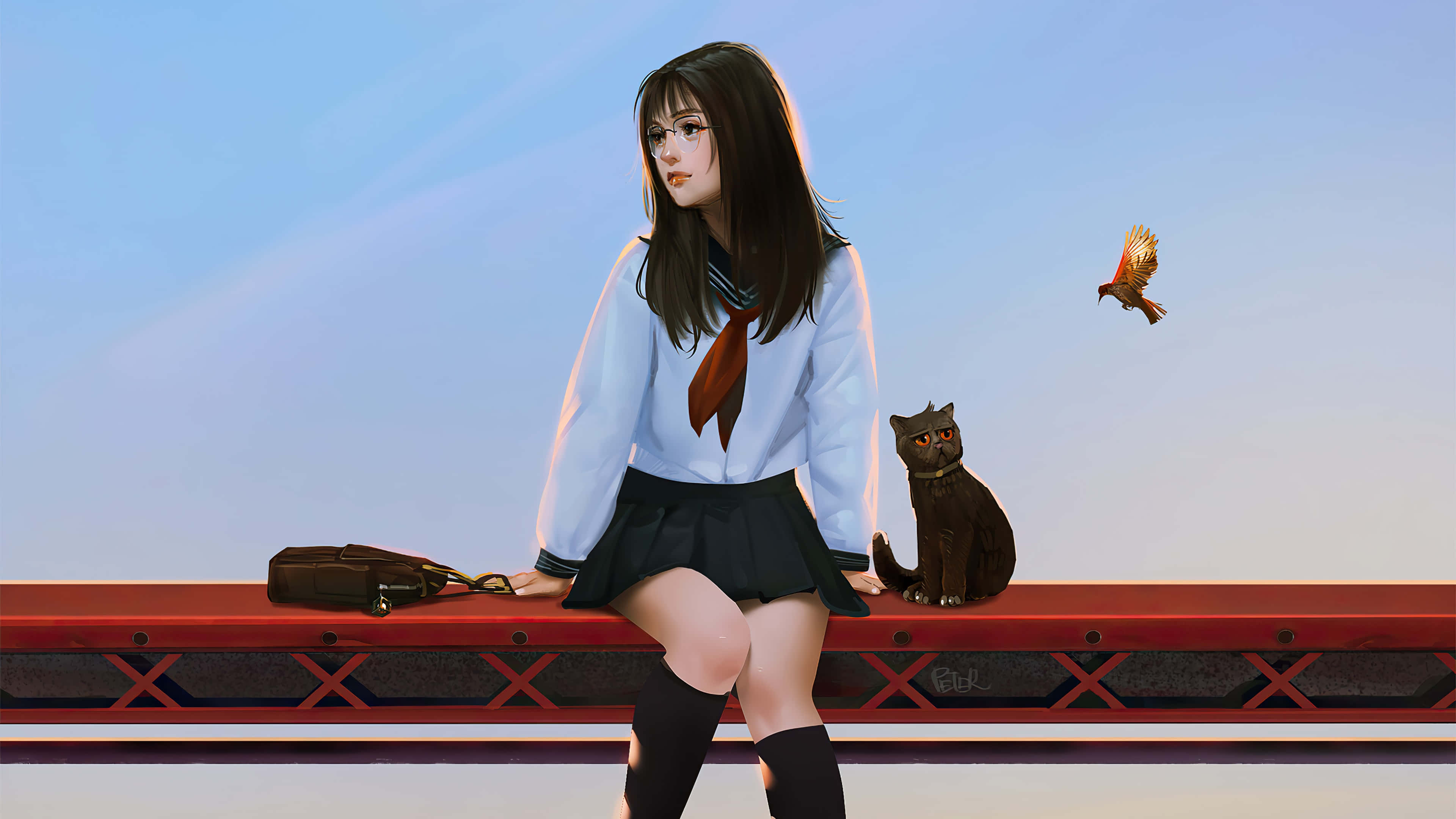 school uniform for girls, red railing, cat, 4K Desktop Wallpaper