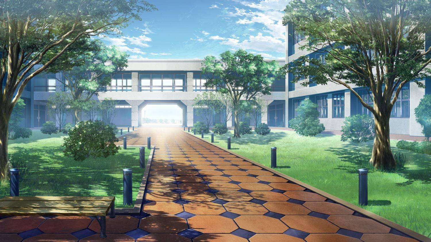 anime school scenery, hexagonal tile path, modern building, HD Desktop Wallpaper