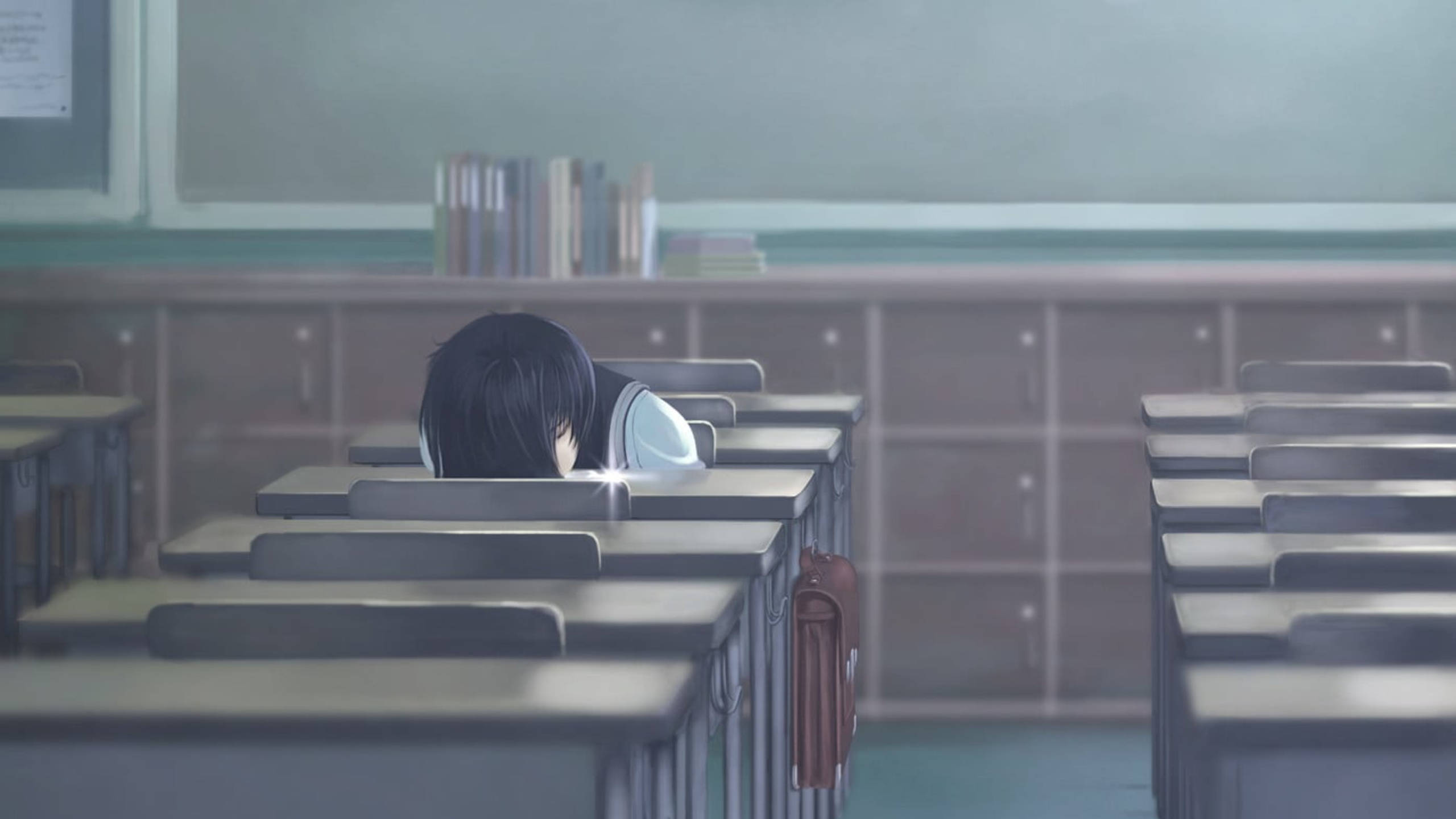 anime girl, classroom, desk, 2K Desktop Wallpaper
