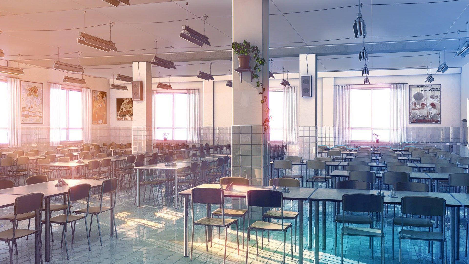 Anime School Scenery, empty cafeteria, sunset, Full HD Desktop Wallpaper