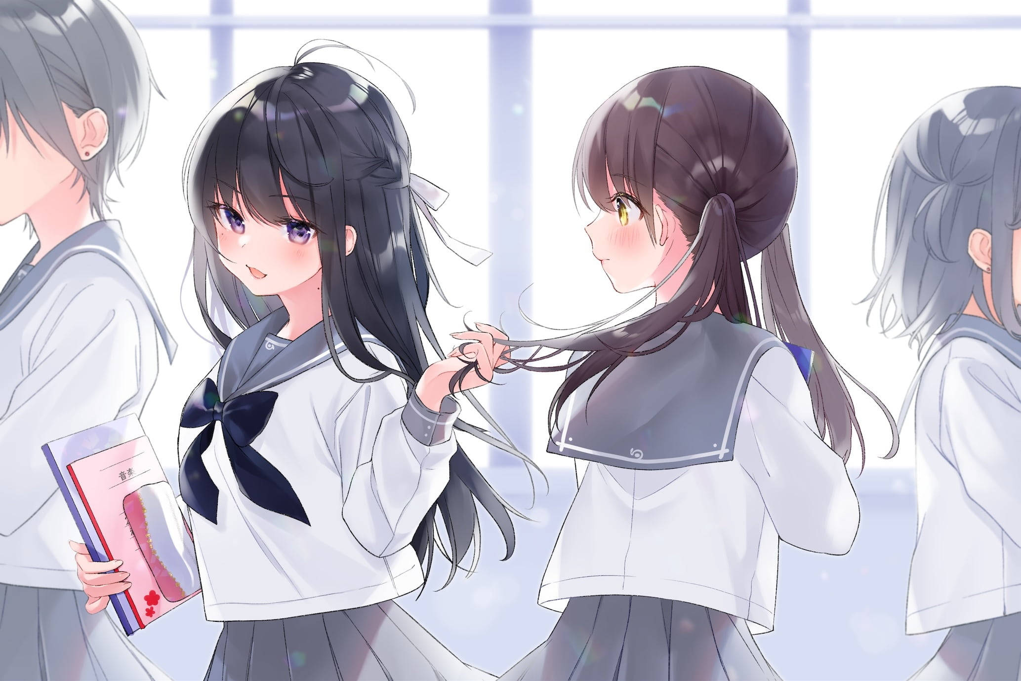 Anime School Scenery, schoolgirls, hallway, Full HD Desktop Wallpaper