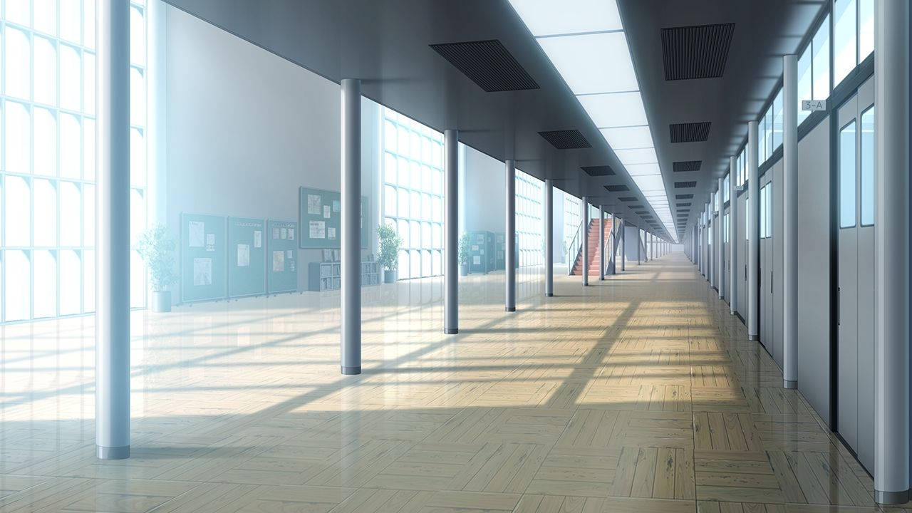 Anime School Scenery, wide hallway, wooden floors, HD Desktop Wallpaper