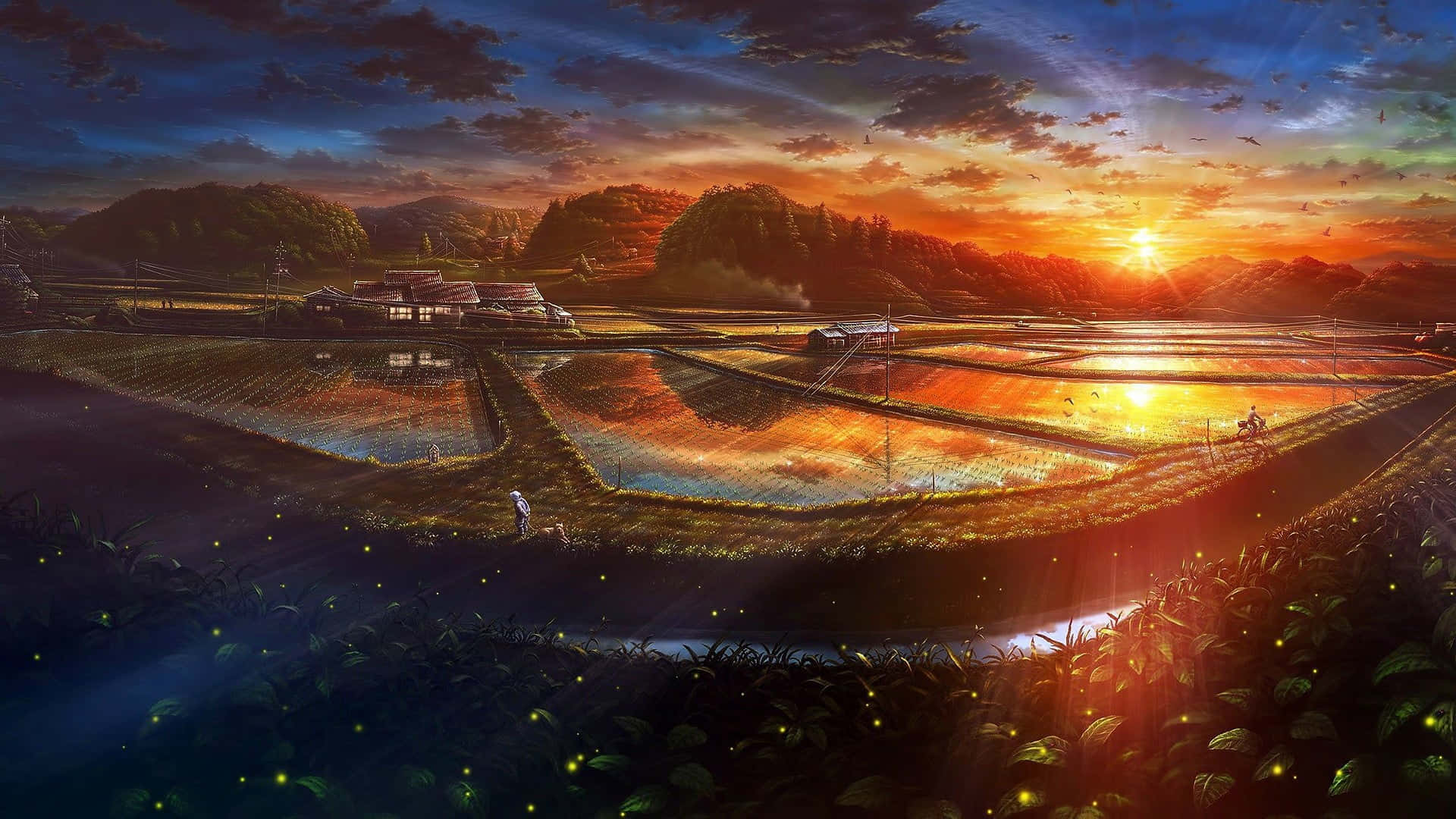 Anime Sunset, Sunset, golden light, Full HD Desktop Wallpaper